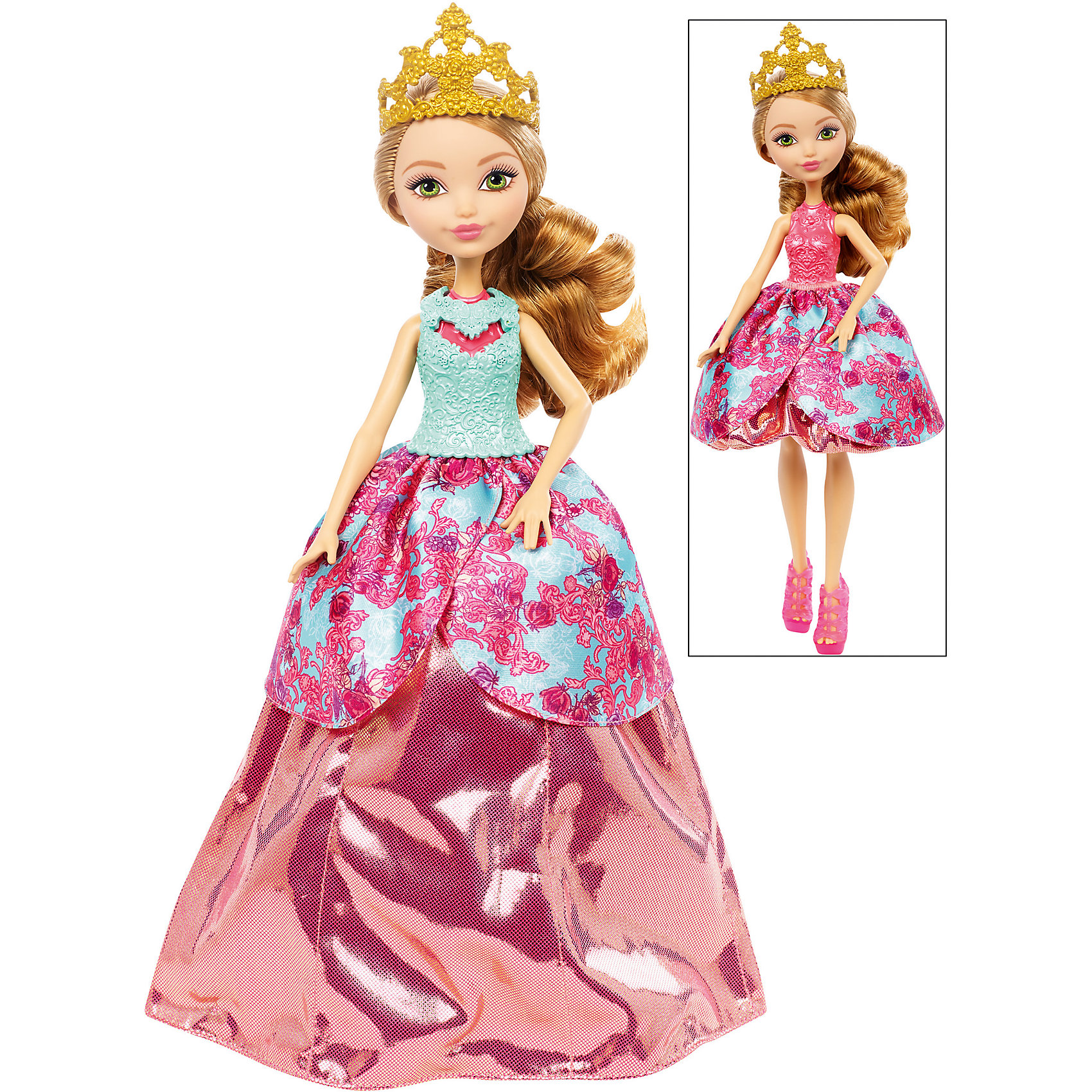 Кукла Эшлин Элла в трансформирующемся платье 2-в-1, Ever After High Кукла Эшлин Элла в трансформирующемся платье 2-в-1, Ever After HighEver After High Игрушки<br>Кукла Эшлин представлена в прекрасном трансформирующемся платье с великолепной короной золотого цвета. Платье этой очаровательной куклы может превратиться в два удивительных наряда. Первый наряд выглядит как настоящее бальное платье, пышное и красивое. Второй наряд - это модное короткое платье, прекрасно подходящее для современных вечеринок. Кукла изготовлена из пластика, а ее замечательное трансформирующееся платье сшито из качественной ткани. Кукла с удивительными нарядами позволит девочкам использовать свою фантазию, придумывая все новые и новые сюжетно-ролевые игры.<br><br>Дополнительная информация:<br><br>- возраст: от 6 лет<br>- пол: для девочек<br>- цвет: бирюзово-розовый.<br>- комплект: 1 кукла, аксессуары.<br>- материал: пластик, текстиль.<br>- размер упаковки: 32.5 * 25 * 6 см.<br>- упаковка: пластиковый бокс.<br>- высота куклы: 27 см.<br>- бренд: Mattel<br>- страна обладатель бренда: США.<br><br>Куклу Эшлин торговой марки Ever After High (Эвер Афтер Хай) можно купить в нашем интернет-магазине.<br><br>Ширина мм: 65<br>Глубина мм: 255<br>Высота мм: 325<br>Вес г: 405<br>Возраст от месяцев: 72<br>Возраст до месяцев: 144<br>Пол: Женский<br>Возраст: Детский<br>SKU: 5047628
