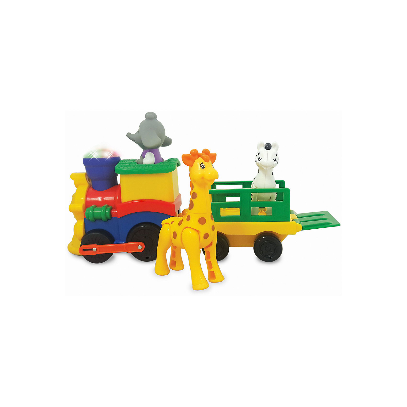 Развивающая игрушка Паровозик Сафари, Kiddieland Развивающая игрушка Паровозик Сафари, KiddielandРазвивающие игрушки<br>Развивающая игрушка Паровозик Сафари, Kiddieland (Киддилэнд).<br><br>Характеристики:<br><br>- Комплектация: паровозик, слоненок машинист, жираф, зебра<br>- Материал: пластик<br>- Батарейки: 3 х АА<br>- Размер паровозика: 30х19х11,5 см.<br><br>Яркая развивающая игрушка «Паровозик сафари» от Kiddieland (Киддилэнд) станет отличным подарком для каждого ребенка. При нажатии на специальную кнопку поезд начинает движение и издает забавные звуки, а также зажигаются разноцветные огоньки. Управляет паровозиком съемный слоненок машинист, а в вагоне, прицепленном к локомотиву, с удобством разместились жираф и зебра. Игрушка выполнена из качественных и безопасных для здоровья детей материалов. Игры с паровозиком способствуют развитию внимания, фантазии, логического мышления, цветового и звукового восприятия, мелкой моторики рук.<br><br>Развивающую игрушку Паровозик Сафари, Kiddieland (Киддилэнд) можно купить в нашем интернет-магазине.<br><br>Ширина мм: 340<br>Глубина мм: 110<br>Высота мм: 150<br>Вес г: 1000<br>Возраст от месяцев: 12<br>Возраст до месяцев: 36<br>Пол: Унисекс<br>Возраст: Детский<br>SKU: 5054106