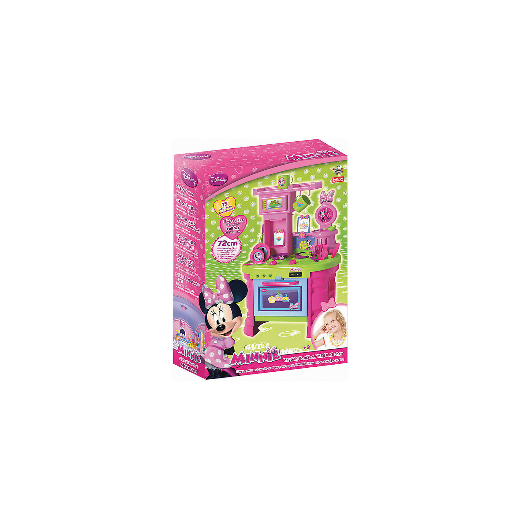 Игровая кухня большая Минни, Bildo Игровая кухня большая Минни, BildoИгровая кухня большая Минни, Bildo.<br><br>Характеристики:<br><br>- В комплекте: кухня, набор посуды<br>- Количество аксессуаров: 15<br>- Высота кухни в собранном виде: 72 см.<br>- Материал: пластик<br><br>Вашей маленькой хозяйке понравиться готовить обед на большой кухне Минни от Bildo. Кухня выполнена в розовых тонах, и украшена изображениями мышки Mинни. Мега Кухня оснащена 15 аксессуарами для реалистичной игры, включая пластиковые тарелки, кастрюли, столовые приборы и посуду. В духовом шкафчике с открывающейся дверцей, девочка сможет испечь пирожные, на плите пожарить, а в микроволновке разогреть обед. Игровая кухня, также оборудована раковиной для «мытья» грязной посуды, полками для хранения чашек и крючками для подвешивания кухонных принадлежностей. Великолепная большая кухня Минни, Bildo не даст вашей девочке заскучать и позволит почувствовать себя настоящей хозяюшкой. Все элементы набора изготовлены из качественного безопасного пластика.<br><br>Игровую кухню большую Минни, Bildo можно купить в нашем интернет-магазине.<br><br>Ширина мм: 750<br>Глубина мм: 490<br>Высота мм: 190<br>Вес г: 3070<br>Возраст от месяцев: 36<br>Возраст до месяцев: 60<br>Пол: Женский<br>Возраст: Детский<br>SKU: 5054113