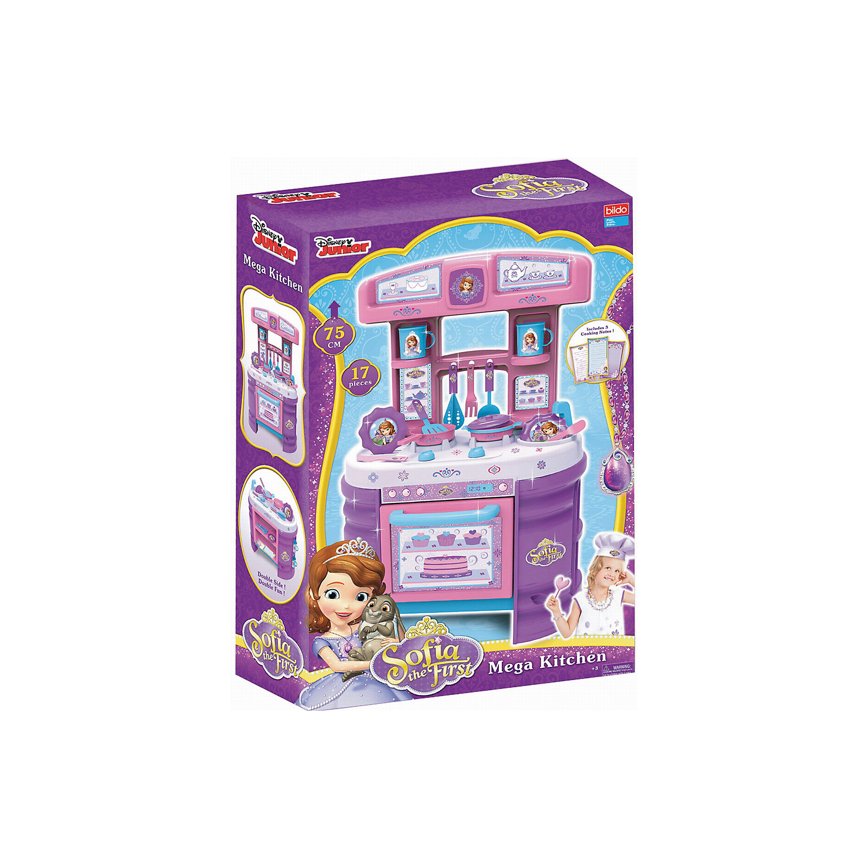 Игровая кухня большая Принцесса София, Bildo Игровая кухня большая Принцесса София, BildoДетские кухни<br>Игровая кухня большая Принцесса София, Bildo.<br><br>Характеристики:<br><br>- В комплекте: кухня, набор посуды<br>- Количество аксессуаров: 17<br>- Высота кухни в собранном виде: 75 см.<br>- Материал: пластик<br><br>Вашей маленькой хозяйке понравиться готовить обед на кухне с изображением любимых принцессы Софии. Мега Кухня оснащена 17 аксессуарами для реалистичной игры, включая пластиковые тарелки, кастрюли, столовые приборы и посуду. В духовом шкафчике с открывающейся дверцей, девочка сможет испечь пирог, а на реалистичной плите пожарить яичницу. Игровая кухня, также оборудована раковиной для «мытья» грязной посуды, полками для хранения чашек и крючками для подвешивания кухонных принадлежностей. Великолепная большая кухня Принцесса София, Bildo не даст вашей девочке заскучать и позволит почувствовать себя настоящей хозяюшкой. Все элементы набора изготовлены из качественного безопасного пластика.<br><br>Игровую кухню большую Принцесса София, Bildo можно купить в нашем интернет-магазине.<br><br>Ширина мм: 750<br>Глубина мм: 490<br>Высота мм: 190<br>Вес г: 3070<br>Возраст от месяцев: 36<br>Возраст до месяцев: 60<br>Пол: Женский<br>Возраст: Детский<br>SKU: 5054117