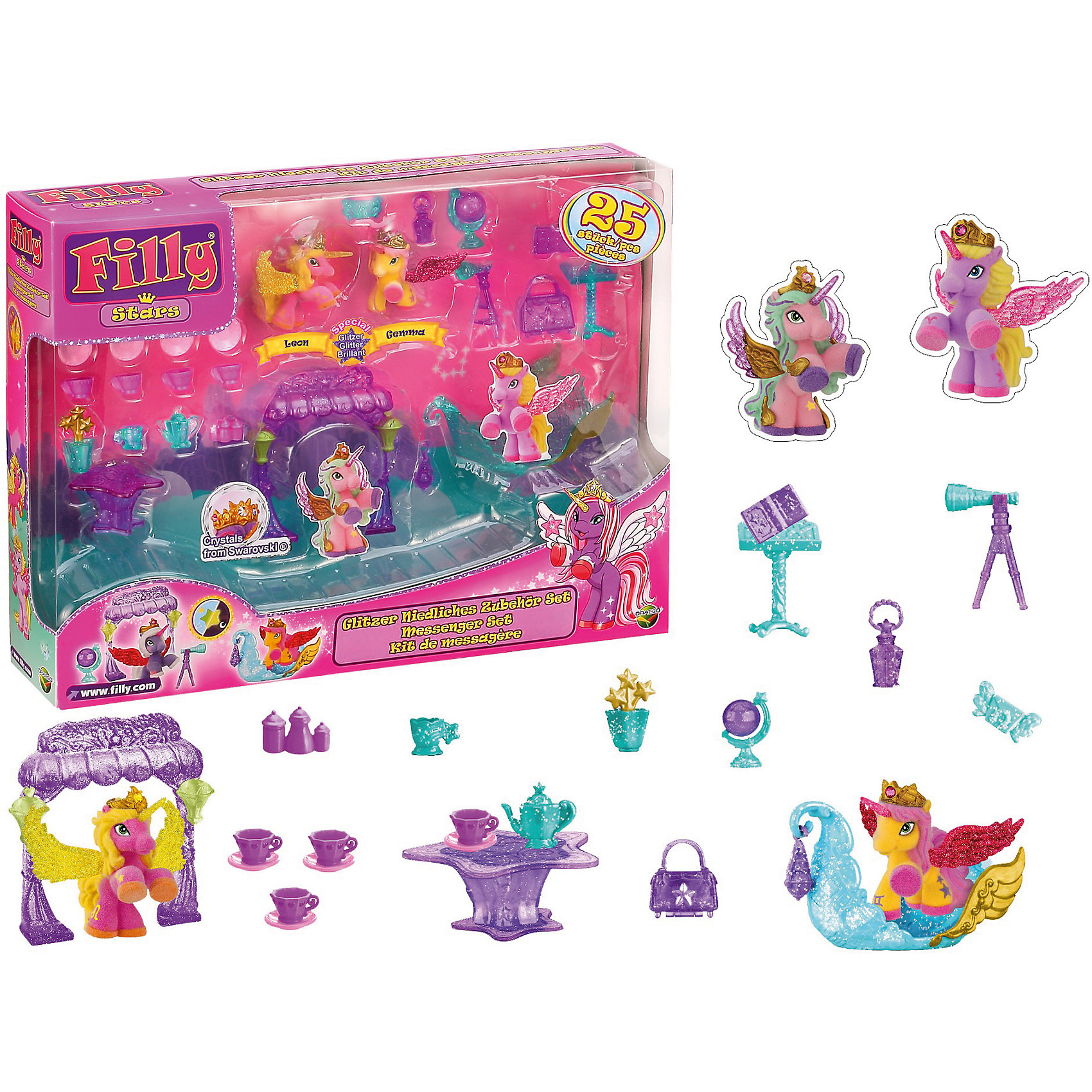 Игровой набор Звездный набор, Filly, Dracco Игровой набор Звездный набор, Filly, DraccoИгровой набор Звездный набор, Filly, Dracco – для любительниц лошадок Filly.<br>В набор входят две маленькие лошадки-звездочки и аксессуары к ним. Кроме этого в наборе есть две карточки и брошюра. Красивые, яркие и стильные лошадки не оставят равнодушным даже взрослых. Аксессуары смогут разнообразить игру, например, с помощью чашечки и чайника лошадок можно напоить чаем. А красивая арка идеально подойдет для фотосессии лошадки. Все игрушки выполнены из качественного материала, который полностью безопасен для детей.<br><br>Дополнительная информация:<br><br>- возраст: от 3 лет<br>- цвет: желто-розовый<br><br>Игровой набор Звездный набор, Filly, Dracco можно купить в нашем интернет-магазине.<br><br>Ширина мм: 365<br>Глубина мм: 70<br>Высота мм: 265<br>Вес г: 400<br>Возраст от месяцев: 36<br>Возраст до месяцев: 96<br>Пол: Женский<br>Возраст: Детский<br>SKU: 5055307