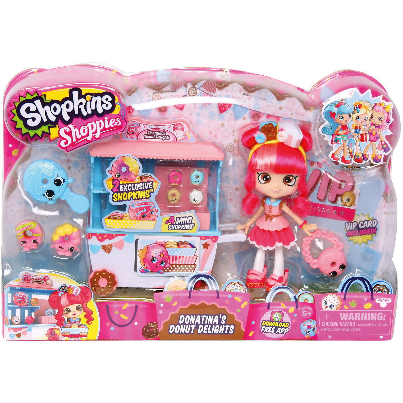 Игровой набор Пончик Счастья Донатины, Shopkins Игровой набор Пончик Счастья Донатины, ShopkinsКоллекционные и игровые фигурки<br>Играть с любимыми мультяшными персонажами всегда веселее! Шопкинс - это любимые герои многих современных детей. Фигурки в виде героев из одноименного мультфильма обязательно порадуют ребенка. Также в набор входит кукла и аксессуары.<br>Такие игрушки способствуют развитию мелкой моторики, мышления и социальных навыков. Подобные игры помогают девочкам научиться ухаживать за собой и за другими. Игрушка сделана из материалов, безопасных для детей.<br><br>Дополнительная информация:<br><br>комплектация: куколка Shoppie, две эксклюзивные фигурки Shopkins, четыре мини-фигурки, тележка, сумочка, расческа и Vip карточка;<br>рекомендуемый возраст: от пяти лет;<br>материал: полимер.<br><br>Игровой набор Пончик Счастья Донатины от бренда Shopkins (Шопкинс) можно купить в нашем интернет-магазине.<br><br>Ширина мм: 212<br>Глубина мм: 349<br>Высота мм: 243<br>Вес г: 510<br>Возраст от месяцев: 60<br>Возраст до месяцев: 120<br>Пол: Женский<br>Возраст: Детский<br>SKU: 5055357