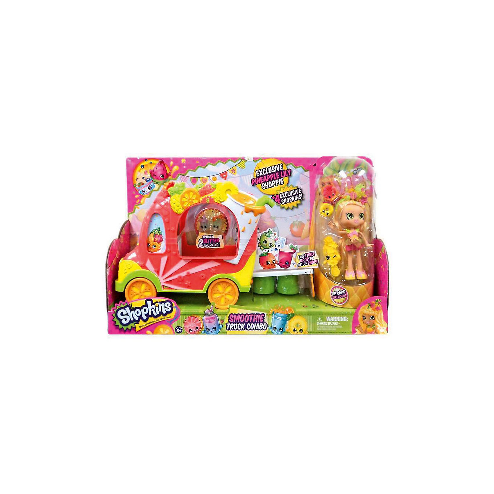 Игровой набор Смузи грузовичок и Тропическая Лили, Shopkins Игровой набор Смузи грузовичок и Тропическая Лили, ShopkinsКоллекционные и игровые фигурки<br>Играть с любимыми мультяшными персонажами всегда веселее! Шопкинс - это любимые герои многих современных детей. Фигурки в виде героев из одноименного мультфильма обязательно порадуют ребенка. Также в набор входит кукла и аксессуары.<br>Такие игрушки способствуют развитию мелкой моторики, мышления и социальных навыков. Подобные игры помогают девочкам научиться ухаживать за собой и за другими. Игрушка сделана из материалов, безопасных для детей.<br><br>Дополнительная информация:<br><br>комплектация: куколка Shoppie, четыре фигурки, грузовичок, расческа и Vip карточка;<br>рекомендуемый возраст: от пяти лет;<br>материал: полимер.<br><br>Игровой набор Смузи грузовичок и Тропическая Лили от бренда Shopkins (Шопкинс) можно купить в нашем интернет-магазине.<br><br>Ширина мм: 445<br>Глубина мм: 120<br>Высота мм: 280<br>Вес г: 1490<br>Возраст от месяцев: 60<br>Возраст до месяцев: 120<br>Пол: Женский<br>Возраст: Детский<br>SKU: 5055358