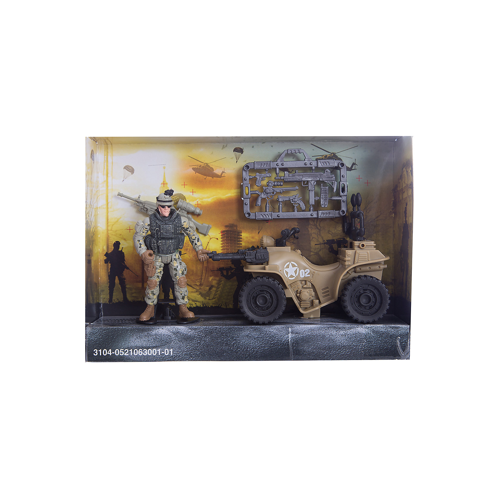 Игровой набор Разведчик на квадроцикле, Chap Mei Игровой набор Разведчик на квадроцикле, Chap MeiСолдатики и рыцари<br>Игровой набор Разведчик на квадроцикле, Chap Mei.<br><br>Характеристики:<br><br>- цвет: разноцветный;<br>- материал: пластик;<br>- вес: 217 г;<br>- упаковка: коробка;<br>- комплектация: квадроцикл, фигурка разведчика и боевое снаряжение;<br>- размер упаковки: 25x17x6 см.<br><br>Набор Разведчик на квадроцикле, Chap Mei - это потрясающий игровой набор из серии Solder Force VIII, с которым мальчику точно не придется скучать. Ведь с таким набором можно обыграть практически любой современный сюжет, связанный с военными действиями. Для максимального удовольствия от игрового процесса в данном комплекте предусмотрено множество аксессуаров. Все элементы набора изготовлены из качественного пластика и тщательно детализированы. Игровой набор способствует развитию у ребенка воображения, внимания и мелкой моторики.<br><br>Игровой набор Разведчик на квадроцикле, Chap Mei можно купить в нашем интернет-магазине.<br><br>Ширина мм: 24<br>Глубина мм: 6<br>Высота мм: 17<br>Вес г: 217<br>Возраст от месяцев: 36<br>Возраст до месяцев: 2147483647<br>Пол: Мужской<br>Возраст: Детский<br>SKU: 5055444
