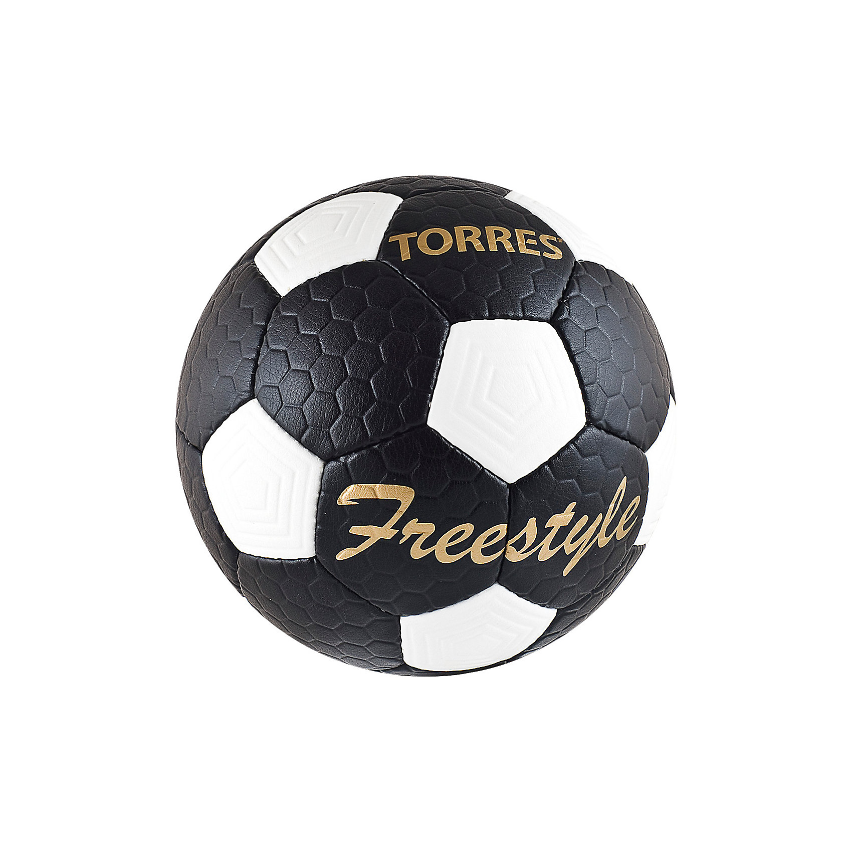 Футбольный мяч Free Style p.5, TORRES Футбольный мяч Free Style p.5, TORRESОсновные характеристики<br><br>Тип: футбольный<br>Размер: 5 <br>Окружность: 68-70см<br>Количество панелей: 32<br>Количество подкладочных слоев: 4<br>Вес: 410-450гр<br>Материалы камеры: латексная<br>Материал покрышки: матовый полиуретан<br>Тип соединения панелей: ручная сшивка<br>Цвет основной: черный<br>Цвет дополнительный: белый, золотой<br>Вид применения: тренировочный уровень игры в футбол<br>Подходит для игры на любых поверхностях в любых погодных условиях (при соблюдении условий эксплуатации и ухода)<br>Страна-производитель: Пакистан<br>Упаковка: полиэтиленовый пакет (поставляется в сдутом виде)<br><br>Классический черно-белый футбольный мяч с панелями из рифленой синтетической кожи, устойчивой к трению и износу.<br><br>Ширина мм: 223<br>Глубина мм: 223<br>Высота мм: 75<br>Вес г: 430<br>Возраст от месяцев: 36<br>Возраст до месяцев: 192<br>Пол: Унисекс<br>Возраст: Детский<br>SKU: 5056648