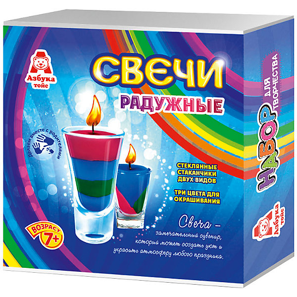Свечи радужные Свечи радужныеНаборы для создания свечей<br>Характеристики товара:<br><br>• упаковка: коробка<br>• материал: парафин<br>• возраст: 7+<br>• масса: 390 г<br>• габариты: 140х50х140 мм<br>• комплектация: 2 стеклянных стаканчика, восковые мелки, парафин, фитиль, палочка для размешивания, инструкция<br>• страна бренда: РФ<br>• страна изготовитель: РФ<br><br>Магия огня притягательна для всех возрастов. Создание свечей – интересный и необычный опыт в творчестве малышей. Набор содержит все необходимое, чтобы создать необычную свечу. Готовую свечу можно использовать, как по прямому назначению, так и как элемент декора. <br>Набор станет отличным подарком ребенку, так как он сможет сам сделать красивую вещь для себя или в качестве подарка близким! Материалы, использованные при изготовлении товара, сертифицированы и отвечают всем международным требованиям по качеству. <br><br>Свечи радужные от бренда Азбука Тойс можно приобрести в нашем интернет-магазине.<br><br>Ширина мм: 140<br>Глубина мм: 50<br>Высота мм: 140<br>Вес г: 390<br>Возраст от месяцев: 84<br>Возраст до месяцев: 144<br>Пол: Унисекс<br>Возраст: Детский<br>SKU: 5062897