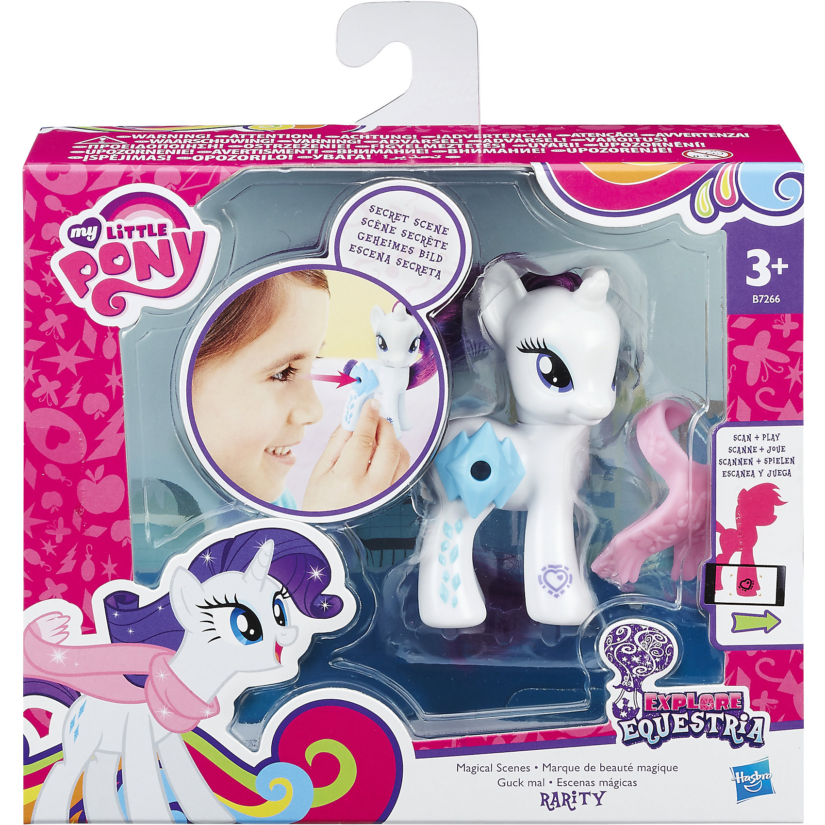 Пони Рарити с волшебными картинками, My little Pony, B5361/B7260 Пони Рарити с волшебными картинками, My little Pony, B5361/B7260Игрушки<br>Пони с волшебными картинками, My little Pony, B5361/B7260.<br><br>Характеристики:<br><br>- В наборе: пони, аксессуар<br>- Материал: игрушка изготовлена из пластика, грива и хвостик – текстильные<br>- Высота фигурки: 8 см.<br><br>Играть с милыми пони стало еще интереснее! Главная особенность пони Рарити – это линза, расположенная на боку пони, сквозь которую видно картинку с изображением сценки из мультфильма Дружба - это чудо. На передней ножке лошадки Вы найдете код в виде сердечка, отсканировав который при помощи мобильного устройства, Вы получите дополнительные игровые возможности в бесплатном приложении My Little Pony Friendship Celebration. Голова фигурки поворачивается. Гриву и хвост пони малышка сможет расчесывать и создавать различные прически. В комплекте с фигуркой также идет стильный шарфик. Игры с такой игрушкой способствуют развитию у ребенка фантазии и любознательности, помогут овладеть навыками общения, воспитают чувство ответственности и заботы. Благодаря маленькому размеру фигурки малышка сможет взять ее с собой на прогулку или в гости.<br> <br>Игровой набор Пони с волшебными картинками, My little Pony, B5361/B7260 можно купить в нашем интернет-магазине.<br><br>Ширина мм: 87<br>Глубина мм: 178<br>Высота мм: 550<br>Вес г: 160<br>Возраст от месяцев: 36<br>Возраст до месяцев: 72<br>Пол: Женский<br>Возраст: Детский<br>SKU: 5064709