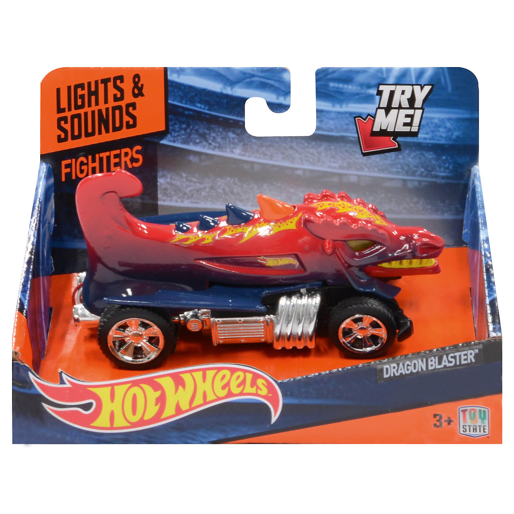 Машинка Fighters - Dragon Blaster (свет, звук) 13,5 см, Hot Wheels Машинка Fighters - Dragon Blaster (свет, звук) 13,5 см, Hot WheelsМашинки<br>Характеристики товара:<br><br>- цвет: красный;<br>- материал: пластик, металл;<br>- особенности: на батарейках, со звуковыми и световыми эффектами;<br>- вес: 160 г;<br>- размер упаковки: 9х13х18;<br>- батарейки: демонстрационные в комплекте;<br>- размер машинки: 13,5 см.<br><br>Какой мальчишка откажется поиграть с коллекционной машинкой Hot Wheels, которая выглядит как настоящая?! Машинка очень эффектно смотрится, она запускается нажатием кнопки. Игрушка отлично детализирована, очень качественно выполнена, поэтому она станет отличным подарком ребенку. Продается в красивой упаковке.<br>Изделия произведены из высококачественного материала, безопасного для детей.<br><br>Машинку Красный дракон Hot Wheels можно купить в нашем интернет-магазине.<br><br>Ширина мм: 89<br>Глубина мм: 127<br>Высота мм: 158<br>Вес г: 160<br>Возраст от месяцев: 36<br>Возраст до месяцев: 2147483647<br>Пол: Мужской<br>Возраст: Детский<br>SKU: 5066715