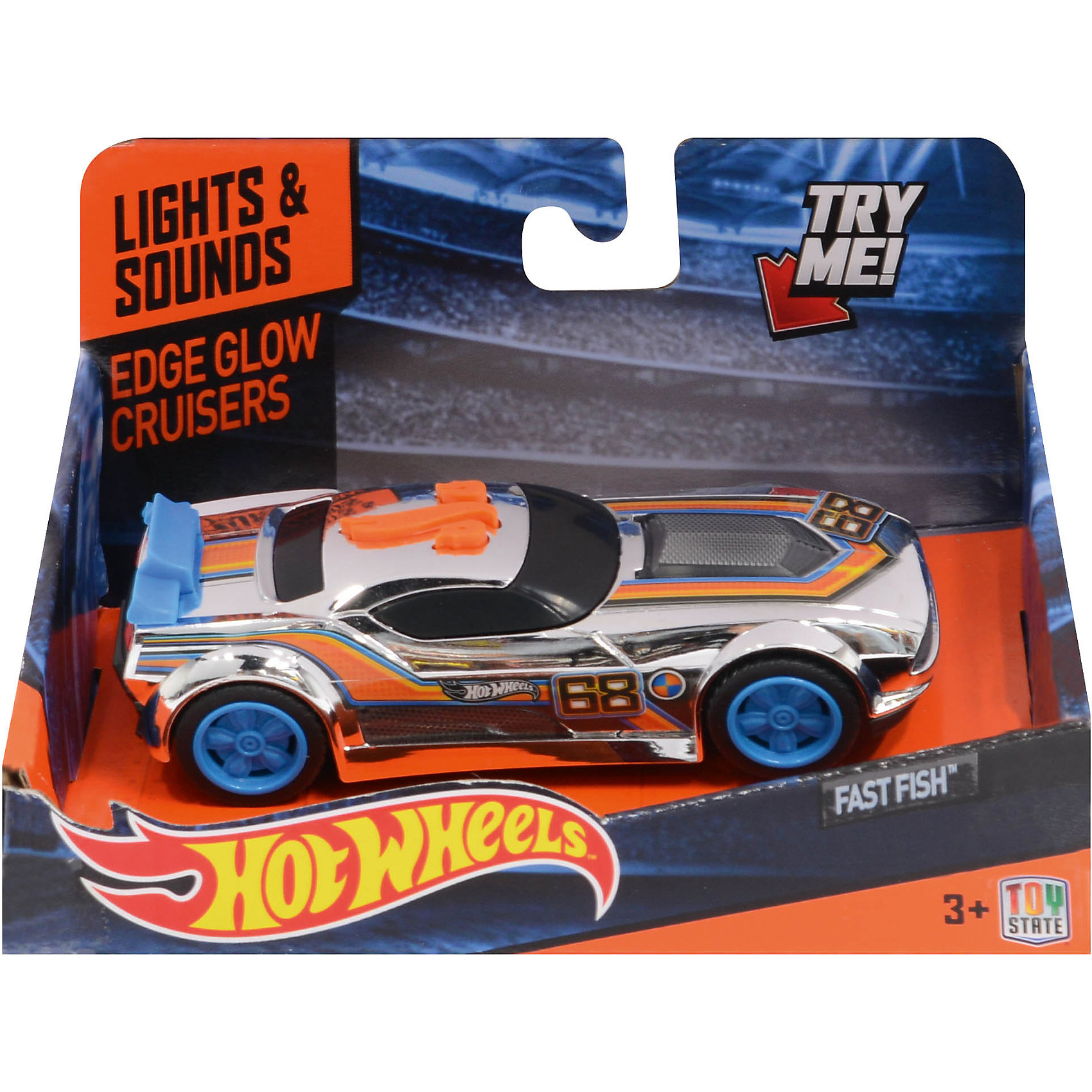 Машинка Edge Glow Cruiser - Fash Fish (свет звук), 13,5 см, Hot Wheels Машинка Edge Glow Cruiser - Fash Fish (свет звук), 13,5 см, Hot WheelsМашинки<br>Характеристики товара:<br><br>- цвет: разноцветный;<br>- материал: пластик, металл;<br>- особенности: на батарейках, со звуковыми и световыми эффектами;<br>- вес: 160 г;<br>- размер упаковки: 9х13х18;<br>- батарейки: демонстрационные в комплекте;<br>- размер машинки: 13,5 см.<br><br>Какой мальчишка откажется поиграть с коллекционной машинкой Hot Wheels, которая выглядит как настоящая?! Машинка очень эффектно смотрится, она запускается нажатием кнопки. Игрушка отлично детализирована, очень качественно выполнена, поэтому она станет отличным подарком ребенку. Продается в красивой упаковке.<br>Изделия произведены из высококачественного материала, безопасного для детей.<br><br>Машинку Голубой спойлер Hot Wheels можно купить в нашем интернет-магазине.<br><br>Ширина мм: 89<br>Глубина мм: 127<br>Высота мм: 158<br>Вес г: 166<br>Возраст от месяцев: 36<br>Возраст до месяцев: 2147483647<br>Пол: Мужской<br>Возраст: Детский<br>SKU: 5066721