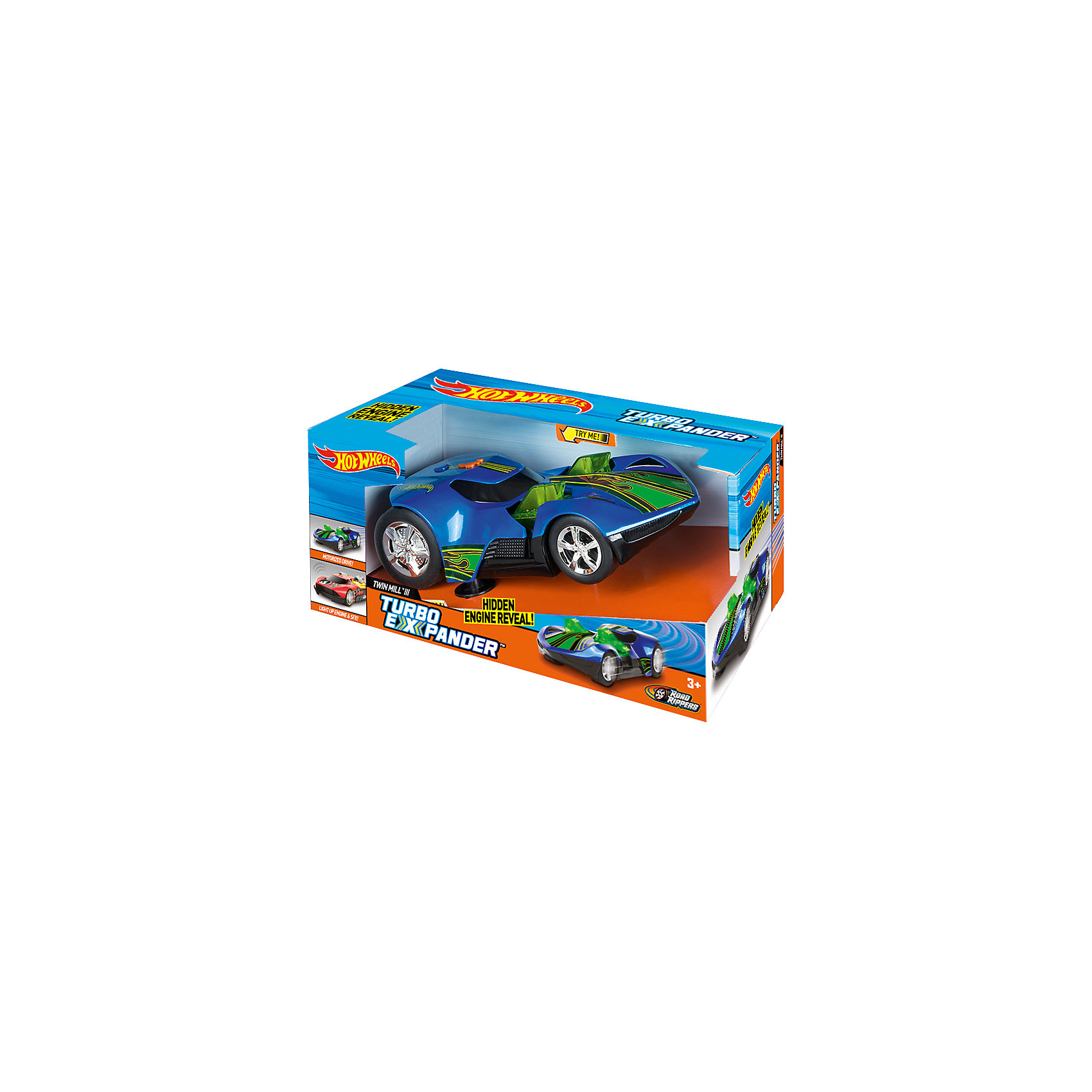 Машинка - Turbo Expander (свет, звук), синяя, 33 см, Hot Wheels Машинка - Turbo Expander (свет, звук), синяя, 33 см, Hot WheelsПопулярные игрушки<br>Характеристики товара:<br><br>- цвет: синий;<br>- материал: пластик, металл;<br>- особенности: со световыми и звуковыми эффектами;<br>- вес: 500 г;<br>- батарейки 3хААА;<br>- размер упаковки: 30х17х19;<br>- размер машинки: 33 см.<br><br>Какой мальчишка откажется поиграть с коллекционной машинкой Hot Wheels, которая выглядит как настоящая?! Машинка очень эффектно смотрится, она дополнена световыми, звуковыми эффектами и электроприводом. Игрушка отлично детализирована, очень качественно выполнена, поэтому она станет отличным подарком ребенку. Продается в красивой упаковке.<br>Изделия произведены из высококачественного материала, безопасного для детей.<br><br>Электромеханическую машинку Hot Wheels можно купить в нашем интернет-магазине.<br><br>Ширина мм: 360<br>Глубина мм: 170<br>Высота мм: 190<br>Вес г: 512<br>Возраст от месяцев: 36<br>Возраст до месяцев: 2147483647<br>Пол: Мужской<br>Возраст: Детский<br>SKU: 5066727