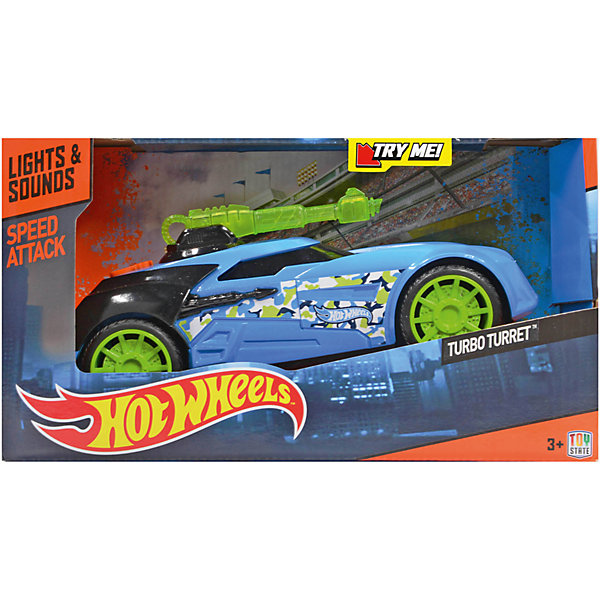 Машинка Turbo Turret - Speed Attack (свет, звук), голубая, 27 см, Hot Wheels Машинка Turbo Turret - Speed Attack (свет, звук), голубая, 27 см, Hot WheelsМашинки<br>Характеристики товара:<br><br>- цвет: голубой;<br>- материал: пластик, металл;<br>- особенности: со световыми и звуковыми эффектами;<br>- вес: б00 г;<br>- на батарейках;<br>- размер упаковки: 30х17х16;<br>- размер машинки: 27 см.<br><br>Какой мальчишка откажется поиграть с коллекционной машинкой Hot Wheels, которая выглядит как настоящая?! Машинка очень эффектно смотрится, она дополнена световыми и звуковыми эффектами, работает на батарейках. Игрушка отлично детализирована, очень качественно выполнена, поэтому она станет отличным подарком ребенку. Продается в красивой упаковке.<br>Изделия произведены из высококачественного материала, безопасного для детей.<br><br>Машинку на батарейках Hot Wheels можно купить в нашем интернет-магазине.<br><br>Ширина мм: 300<br>Глубина мм: 170<br>Высота мм: 160<br>Вес г: 625<br>Возраст от месяцев: 36<br>Возраст до месяцев: 2147483647<br>Пол: Мужской<br>Возраст: Детский<br>SKU: 5066738