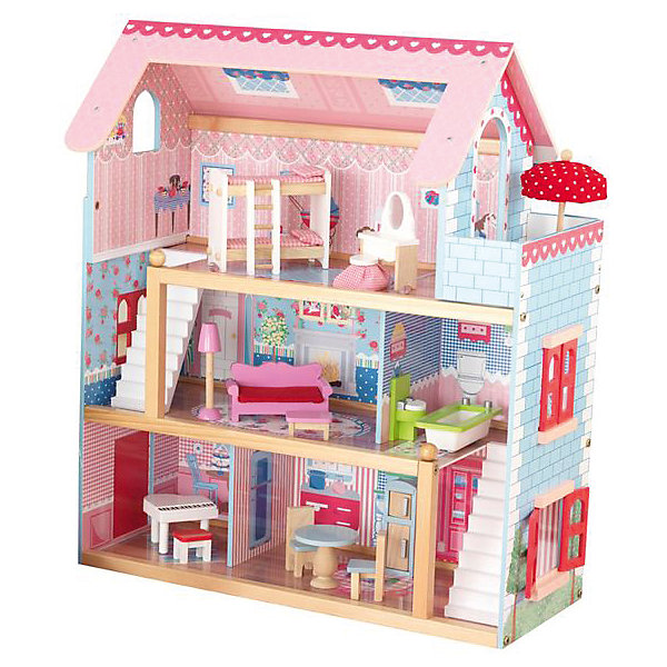 Кукольный домик Открытый коттедж (Chelsea), с мебелью, 19 пр., KidKraft Кукольный домик Открытый коттедж (Chelsea), с мебелью, 19 пр., KidKraftДомики для кукол<br>Кукольный домик Открытый коттедж (Chelsea), с мебелью, 19 предметов, KidKraft (КидКрафт).<br><br>Характеристики:<br><br>•Материал: дерево, МДФ, текстиль.<br>•Дом частично открытый (задняя стенка глухая, лицевая часть полностью открыта).<br>•3 этажа, 5 просторных комнат, балкон.<br>•Цвет: розово-голубой.<br>•Укомплектован мебелью и аксессуарами.<br>•Подходит для кукол высотой до 15 см. <br>•Конструкция продается в разобранном виде.<br>•Размер игрушки в собранном виде - 55х33х71 см.<br>•Размер упаковки - 66х43х12 см.<br>•Вес: 10 кг.<br><br>В комплекте:<br><br>• 19 предметов интерьера: белый рояль, пуф; плита, холодильник, круглый стол и 2 стула; унитаз, ванна, диван, журнальный столик, торшер, 2-ярусная кровать с 2-мя наборами постельного белья и лестницей, туалетный столик с круглым табуретом; зонт, защищающий от солнца, каркас домика.<br>• Инструкция по сборке.<br><br>Кукольный домик Открытый коттедж (Chelsea), с мебелью KidKraft (КидКрафт) – это игрушка - мечта от американского производителя. В доме 3 этажа, 5 просторных комнат, 1 балкон. В доме 5 комнат: на первом этаже – комната отдыха и кухня, на втором этаже – гостиная и ванная, на третьем этаже – спальня. На 3-м этаже домика расположен небольшой балкон. Этажи соединяют 2 белоснежные лестницы. Входная дверь располагается на левом боковом фасаде. Дверь можно открыть и закрыть. Также на боковых фасадах по обе стороны домика располагаются окна с красными раскрывающимися ставнями. Юная леди, проявив фантазию, самостоятельно может расположить комнаты по своему вкусу. Игры с таким домиком помогают развить в девочке фантазию, творческие способности, поможет ребенку почувствовать себя взрослой и самостоятельной. Материалы, из которых изготовлен домик, полностью соответствуют российским стандартам безопасности. <br><br>Кукольный домик Открытый коттедж (Chelsea), с мебелью KidKraft (КидКрафт), можно купить в нашем интернет – магазине.<br><br>Ширина мм: 690<br>Глубина мм: 450<br>Высота мм: 130<br>Вес г: 9000<br>Возраст от месяцев: 36<br>Возраст до месяцев: 120<br>Пол: Женский<br>Возраст: Детский<br>SKU: 5069785