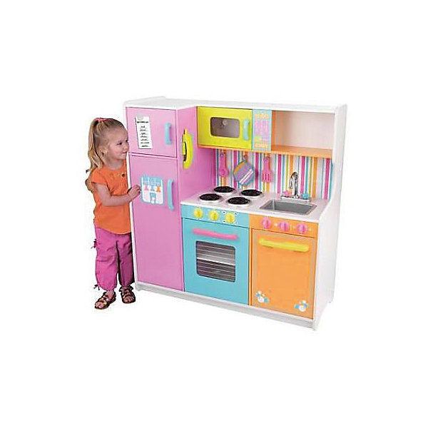 Большая детская игровая кухня «Делюкс» (Deluxe Big & Bright Kitchen), KidKraft Большая детская игровая кухня «Делюкс» (Deluxe Big & Bright Kitchen), KidKraftДетские кухни<br>Большая детская игровая кухня «Делюкс», KidKraft (КидКрафт).<br><br>Характеристики:<br><br>? Материал: дерево, МДФ, текстиль.<br>? Все модули выстроены в ряд.<br>? Все дверцы открываются ( в холодильник можно положить игрушечные продукты, в духовку поставить выпечку).<br>? Цвет: разноцветная.<br>? Без интерактивных элементов.<br>? Конструкция продается в разобранном виде. Инструкция по сборке входит в комплект.<br>? Размер игрушки в собранном виде - 107х44х109 см.<br>? Размер упаковки - 125х53х23 см.<br>? Вес: 40 кг.<br>В комплекте:<br>• лопатка, телефонный аппарат, прихватка, половник, меловая доска для записи памяток;<br>• каркас кухни.<br><br>Большая детская игровая кухня «Делюкс», KidKraft (КидКрафт) – это мечта каждой девочки! Это действительно большая игрушечная кухня для девочек, выполненная из натурального и безопасного для малышки материала, из древесины. «Делюкс» привлекает внимание пестротой своей раскраски. Розовый и голубой, оранжевый, желтый и салатный – все эти цвета призваны не просто порадовать маленькую хозяйку, но и стать для нее источником хорошего настроения. Несомненно, Ваша девочка получит огромное удовольствие, примеряя на себя роль хозяйки, в настоящей кухне «Делюкс», KidKraft (КидКрафт)!<br>Кухня Делюкс тщательно детализирована. Наличие спиралей накала на электроплите, рукояток у смесителя и панелей управления бытовой техникой – все это максимально приближает кухню к «настоящей», «как у мамы». Всю кухню «Делюкс» можно разделить на несколько функциональных модулей. Слева устанавливается двухкамерный холодильник с верхней морозильной камерой и выносными ручками для открывания/закрывания дверец. Средний модуль представлен встроенной в верхнюю полку микроволновой печью с электронным сенсорным управлением и электроплитой с прозрачной открывающейся дверцей. Верхняя часть правого кухонного модуля – открытая полка для посуды, средняя часть – это вынимающаяся из столешницы мойка и смеситель с двумя вращающимися рукоятками, а нижняя – посудомойка с открывающейся дверцей.<br><br>Большую детскую игровую кухню «Делюкс», KidKraft (КидКрафт)., можно купить в нашем интернет – магазине.<br><br>Ширина мм: 1250<br>Глубина мм: 530<br>Высота мм: 230<br>Вес г: 40000<br>Возраст от месяцев: 36<br>Возраст до месяцев: 120<br>Пол: Женский<br>Возраст: Детский<br>SKU: 5069791