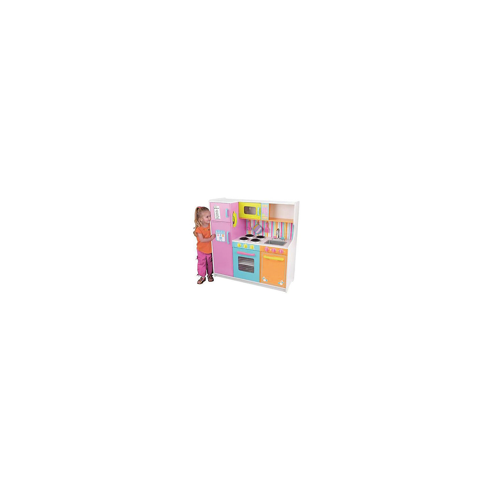 Большая детская игровая кухня «Делюкс» (Deluxe Big & Bright Kitchen), KidKraft Большая детская игровая кухня «Делюкс» (Deluxe Big & Bright Kitchen), KidKraftДетские кухни<br>Большая детская игровая кухня «Делюкс», KidKraft (КидКрафт).<br><br>Характеристики:<br><br>? Материал: дерево, МДФ, текстиль.<br>? Все модули выстроены в ряд.<br>? Все дверцы открываются ( в холодильник можно положить игрушечные продукты, в духовку поставить выпечку).<br>? Цвет: разноцветная.<br>? Без интерактивных элементов.<br>? Конструкция продается в разобранном виде. Инструкция по сборке входит в комплект.<br>? Размер игрушки в собранном виде - 107х44х109 см.<br>? Размер упаковки - 125х53х23 см.<br>? Вес: 40 кг.<br>В комплекте:<br>• лопатка, телефонный аппарат, прихватка, половник, меловая доска для записи памяток;<br>• каркас кухни.<br><br>Большая детская игровая кухня «Делюкс», KidKraft (КидКрафт) – это мечта каждой девочки! Это действительно большая игрушечная кухня для девочек, выполненная из натурального и безопасного для малышки материала, из древесины. «Делюкс» привлекает внимание пестротой своей раскраски. Розовый и голубой, оранжевый, желтый и салатный – все эти цвета призваны не просто порадовать маленькую хозяйку, но и стать для нее источником хорошего настроения. Несомненно, Ваша девочка получит огромное удовольствие, примеряя на себя роль хозяйки, в настоящей кухне «Делюкс», KidKraft (КидКрафт)!<br>Кухня Делюкс тщательно детализирована. Наличие спиралей накала на электроплите, рукояток у смесителя и панелей управления бытовой техникой – все это максимально приближает кухню к «настоящей», «как у мамы». Всю кухню «Делюкс» можно разделить на несколько функциональных модулей. Слева устанавливается двухкамерный холодильник с верхней морозильной камерой и выносными ручками для открывания/закрывания дверец. Средний модуль представлен встроенной в верхнюю полку микроволновой печью с электронным сенсорным управлением и электроплитой с прозрачной открывающейся дверцей. Верхняя часть правого кухонного модуля – открытая полка для посуды, средняя часть – это вынимающаяся из столешницы мойка и смеситель с двумя вращающимися рукоятками, а нижняя – посудомойка с открывающейся дверцей.<br><br>Большую детскую игровую кухню «Делюкс», KidKraft (КидКрафт)., можно купить в нашем интернет – магазине.<br><br>Ширина мм: 1250<br>Глубина мм: 530<br>Высота мм: 230<br>Вес г: 40000<br>Возраст от месяцев: 36<br>Возраст до месяцев: 120<br>Пол: Женский<br>Возраст: Детский<br>SKU: 5069791