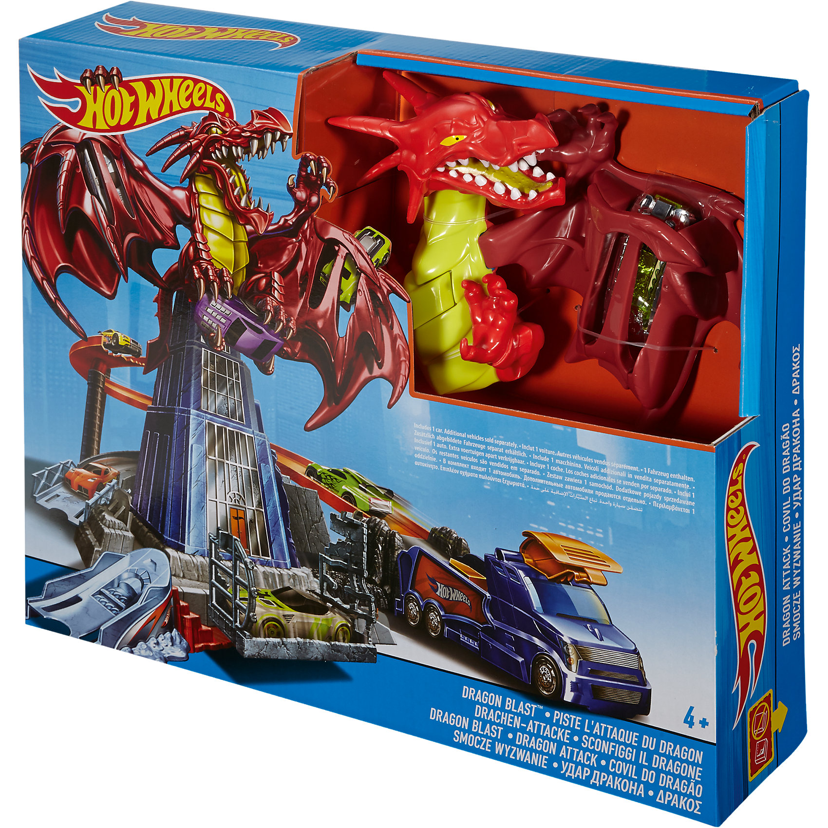 Набор Битва с драконом, Hot Wheels Набор Битва с драконом, Hot WheelsИгровые наборы<br>Набор Битва с драконом, Hot Wheels (Хот Вилс)<br><br>Характеристики:<br><br>• победите дракона с помощью машинки<br>• двухсторонний пусковой механизм<br>• длина машинки: 7 см<br>• в комплекте: машинка, дракон, детали трека<br>• материал: пластик, металл<br>• размер упаковки: 38,5х31х8 см<br>• вес: 1040 грамм<br><br>Самое время сразится с опасным драконом и спасти друзей! Поставьте машинку Хот Вилс на одной стороне пусковой установке и запустите ее прямо в дракона. Затем запустите машинку с другой стороны - дракон повержен! Но будьте осторожны: опасный дракон будет пытаться захватить машинки в ловушку. Для этого нужно тренировать свою меткость и попадать прямо в цель. Самые отважные герои без труда справятся с этой нелегкой задачей!<br><br>Набор Битва с драконом, Hot Wheels (Хот Вилс) вы можете купить в нашем интернет-магазине.<br><br>Ширина мм: 386<br>Глубина мм: 314<br>Высота мм: 83<br>Вес г: 1049<br>Возраст от месяцев: 48<br>Возраст до месяцев: 84<br>Пол: Мужской<br>Возраст: Детский<br>SKU: 5070808