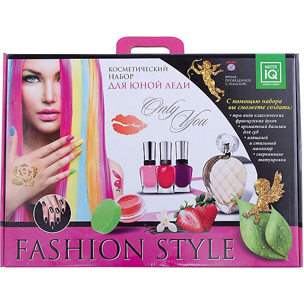 Косметический набор Fashion Style Косметический набор Fashion StyleНаборы для создания парфюмерии<br>Характеристики:<br><br>• размер: 39х29х9,5см.;<br>• в набор входит: стеклянные пробирки, флакон-роллер, стаканчик, кисточка, баночка для бальзама, пилка для ногтей, тарафареты и основа для тату, парфюмерные масла 7 шт., пчелиный воск, масло косторовое и заменитель какао, краситель, отдушки, 3 лака для ногтей, сверкающие блёстки, защитные перчатки, инструкция.;<br>• вес: 950 г.;<br>• для детей в возрасте: от 8 лет;<br>• страна производитель: Россия.<br><br>Вместе со средствами косметического набора от производителя Master IQ2 (Мастер АйКью2) девочка может стать суперзвездой буквально за час. Набор состоит из 4 частей: парфюмерии, маникюра, набора для создания бальзама для губ и временной татуировки.<br><br>Сначала можно изготовить свои неповторимые духи с помощью семи парфюмерных масел с запахом ванили, миндали, пачули, нероли, бергамота, сандала и розы. Затем можно сделать креативный маникюр с помощью необходимых инструментов и прозрачного, чёрного и цветного лака. Нежный блеск для губ со вкусом клубники, который ребёнок может сделать своими руками, поможет придать легкости и небольшого блеска. Завершающим штрихом будет временная татуировка, дополняющая звёздный образ.<br><br>Работая с этим большим набором, дети смогут развивать творческие способности, моторику рук, усидчивость, аккуратность.<br><br>Косметический набор Fashion Style можно купить в нашем интернет-магазине.<br><br>Ширина мм: 400<br>Глубина мм: 100<br>Высота мм: 280<br>Вес г: 950<br>Возраст от месяцев: 96<br>Возраст до месяцев: 180<br>Пол: Женский<br>Возраст: Детский<br>SKU: 5083887