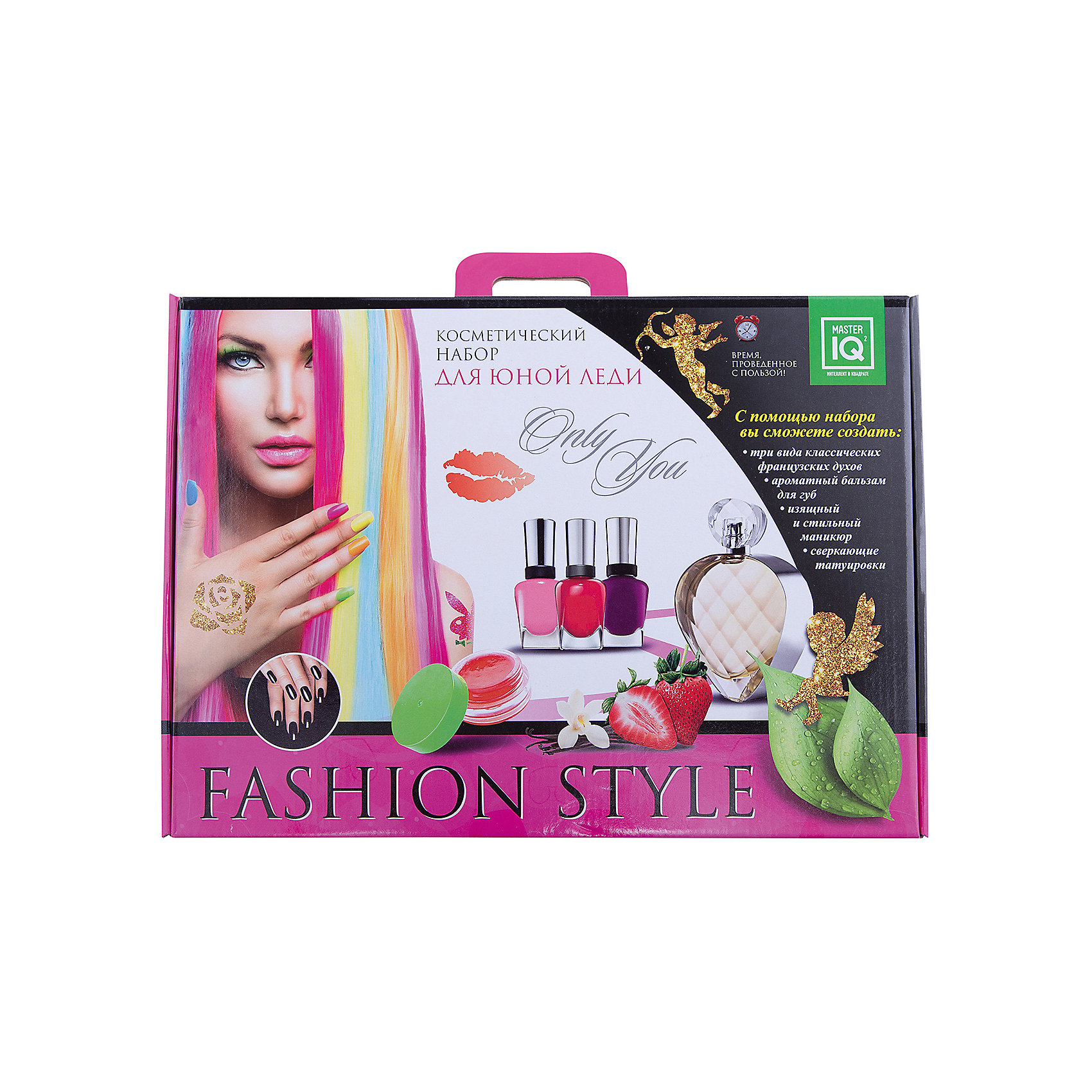 Косметический набор Fashion Style Косметический набор Fashion StyleКосметика, грим и парфюмерия<br>Характеристики товара:<br><br>• комплектация: косметика, трафареты, перчатки, аппликаторы, аксессуары, наклейки.<br>• упаковка: коробка <br>• материал: краситель, ароматизатор, реагент, пластик, бумага, масло<br>• размер упаковки: 39x29x9.5 см<br>• возраст: от 8 лет<br>• вес: 1,46 кг<br>• страна бренда: Российская Федерация<br>• страна производства: Российская Федерация<br><br>Думаете, что подарить ребенку? Творчество и уход за собой - отличный способ занять детей. Это не только занимательно, но и очень полезно! С помощью такого набора девочка сможет сама создать много различных ароматов. Нужно всего лишь следовать инструкции! Это несложно и увлекательно. Также в наборе есть принадлежности для маникюра, временные татуировки - всё это позволит научиться создавать свой неповторимый образ.<br>Такое занятие помогает детям развивать многие важные навыки и способности: они тренируют логику, мышление, мелкую моторику, творческие способности, а также усидчивость и аккуратность. Изделие производится из качественных сертифицированных материалов, безопасных даже для самых маленьких.<br><br>Косметический набор Fashion Style от бренда Master IQ2 можно купить в нашем интернет-магазине.<br><br>Ширина мм: 400<br>Глубина мм: 100<br>Высота мм: 280<br>Вес г: 950<br>Возраст от месяцев: 96<br>Возраст до месяцев: 180<br>Пол: Женский<br>Возраст: Детский<br>SKU: 5083887