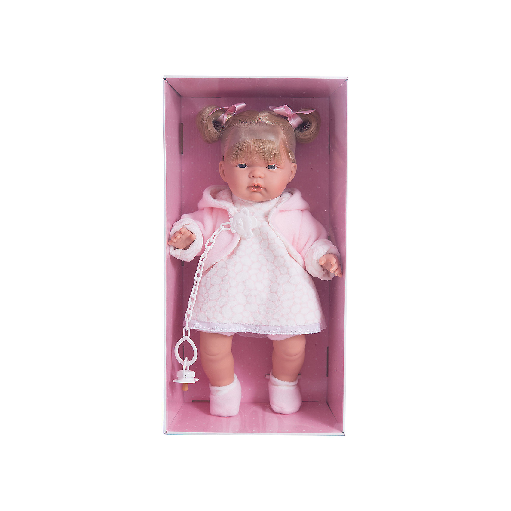 Кукла Люсия, 38 см, Llorens Кукла Люсия, 38 см, LlorensКлассические куклы<br>Характеристики:<br><br>• Предназначение: для сюжетно-ролевых игр<br>• Тип куклы: мягконабивная<br>• Пол куклы: девочка <br>• Цвет волос: русый<br>• Материал: поливинилхлорид, пластик, нейлон, текстиль<br>• Цвет: розовый, белый<br>• Высота куклы: 38 см<br>• Комплектация: кукла, платье, флисовая курточка с капюшоном, носочки, пустышка на цепочке<br>• Вес: 1 кг 050 г<br>• Размеры упаковки (Д*В*Ш): 23*45*12 см<br>• Упаковка: подарочная картонная коробка <br>• Особенности ухода: допускается деликатная стирка без использования красящих и отбеливающих средств предметов одежды куклы<br><br>Кукла Люсия 38 см без звука – кукла, производителем которого является всемирно известный испанский кукольный бренд Llorens. Куклы этой торговой марки имеют свою неповторимую внешность и целую линейку образов как пупсов, так и кукол-малышей. Игрушки выполнены из сочетания поливинилхлорида и пластика, что позволяет с высокой долей достоверности воссоздать физиологические и мимические особенности маленьких детей. При изготовлении кукол Llorens используются только сертифицированные материалы, безопасные и не вызывающие аллергических реакций. Волосы у кукол отличаются густотой, шелковистостью и блеском, при расчесывании они не выпадают и не ломаются.<br>Кукла Люсия 38 см без звука выполнена в образе малышки: у куклы светло-русые волосы, собранные в два озорных хвостика, завязанные ленточками и темные глаза. В комплект одежды Люсии входит теплое платьице, флисовая курточка и пинетки. У малышки имеется соска на цепочке-держателе. <br>Кукла Люсия 38 см без звука – это идеальный вариант для подарка к различным праздникам и торжествам.<br><br>Куклу Люсию 38 см без звука можно купить в нашем интернет-магазине.<br><br>Ширина мм: 23<br>Глубина мм: 45<br>Высота мм: 12<br>Вес г: 1050<br>Возраст от месяцев: 36<br>Возраст до месяцев: 84<br>Пол: Женский<br>Возраст: Детский<br>SKU: 5086903