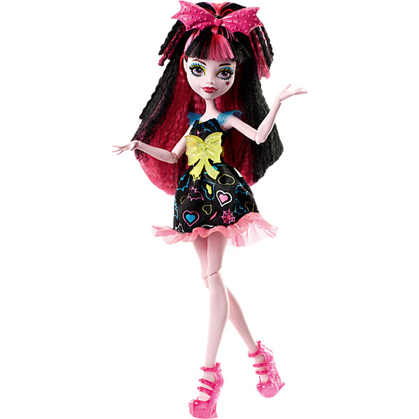 Неоновая монстряшка Дракулаура из серии Под напряжением, Monster High Неоновая монстряшка Дракулаура из серии Под напряжением, Monster HighПопулярные игрушки<br>Характеристики товара:<br><br>• имя куклы: Дракулаура<br>• комплектация: кукла, одежда, аксессуары<br>• материал: пластик, текстиль<br>• серия: Под напряжением<br>• руки, ноги гнутся<br>• высота куклы: 27 см<br>• возраст: от 6 лет<br>• размер упаковки: 32 x 16 x 7 см<br>• вес: 0,3 кг<br>• страна бренда: США<br><br>Такая современная кукла порадует маленьких любительниц мультфильмов про мир Monster High. Костюм героини мультфильма дополняет обувь и аксессуары. Руки и ноги гнутся, из длинных волос можно делать прически! Кукла Дракулаура из серии Под напряжением, Monster High, станет великолепным подарком для девочек.<br><br>Игры с куклами помогают девочкам отработать сценарии поведения в обществе, развить воображение и мелкую моторику. Изделие произведено из безопасных для детей материалов. Куклы Monster High от бренда Mattel не перестают быть популярными у современных девочек! <br><br>Куклу Неоновая монстряшка Дракулаура из серии Под напряжением, Monster High, от компании Mattel можно купить в нашем интернет-магазине.<br><br>Ширина мм: 339<br>Глубина мм: 154<br>Высота мм: 58<br>Вес г: 172<br>Возраст от месяцев: 72<br>Возраст до месяцев: 120<br>Пол: Женский<br>Возраст: Детский<br>SKU: 5089100