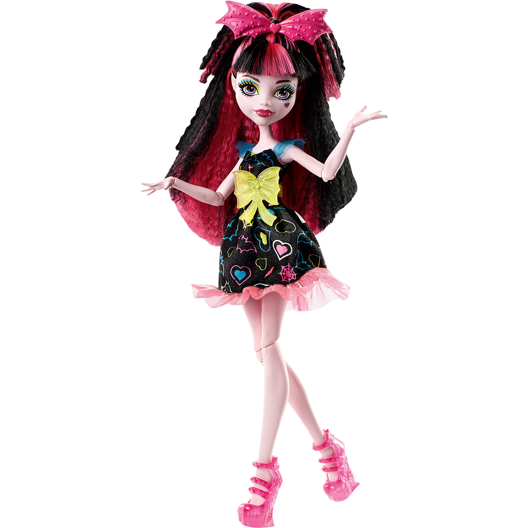 Неоновая монстряшка Дракулаура из серии Под напряжением, Monster High Неоновая монстряшка Дракулаура из серии Под напряжением, Monster HighMonster High<br>Характеристики товара:<br><br>• имя куклы: Дракулаура<br>• комплектация: кукла, одежда, аксессуары<br>• материал: пластик, текстиль<br>• серия: Под напряжением<br>• руки, ноги гнутся<br>• высота куклы: 27 см<br>• возраст: от 6 лет<br>• размер упаковки: 32 x 16 x 7 см<br>• вес: 0,3 кг<br>• страна бренда: США<br><br>Такая современная кукла порадует маленьких любительниц мультфильмов про мир Monster High. Костюм героини мультфильма дополняет обувь и аксессуары. Руки и ноги гнутся, из длинных волос можно делать прически! Кукла Дракулаура из серии Под напряжением, Monster High, станет великолепным подарком для девочек.<br><br>Игры с куклами помогают девочкам отработать сценарии поведения в обществе, развить воображение и мелкую моторику. Изделие произведено из безопасных для детей материалов. Куклы Monster High от бренда Mattel не перестают быть популярными у современных девочек! <br><br>Куклу Неоновая монстряшка Дракулаура из серии Под напряжением, Monster High, от компании Mattel можно купить в нашем интернет-магазине.<br><br>Ширина мм: 339<br>Глубина мм: 154<br>Высота мм: 58<br>Вес г: 172<br>Возраст от месяцев: 72<br>Возраст до месяцев: 120<br>Пол: Женский<br>Возраст: Детский<br>SKU: 5089100