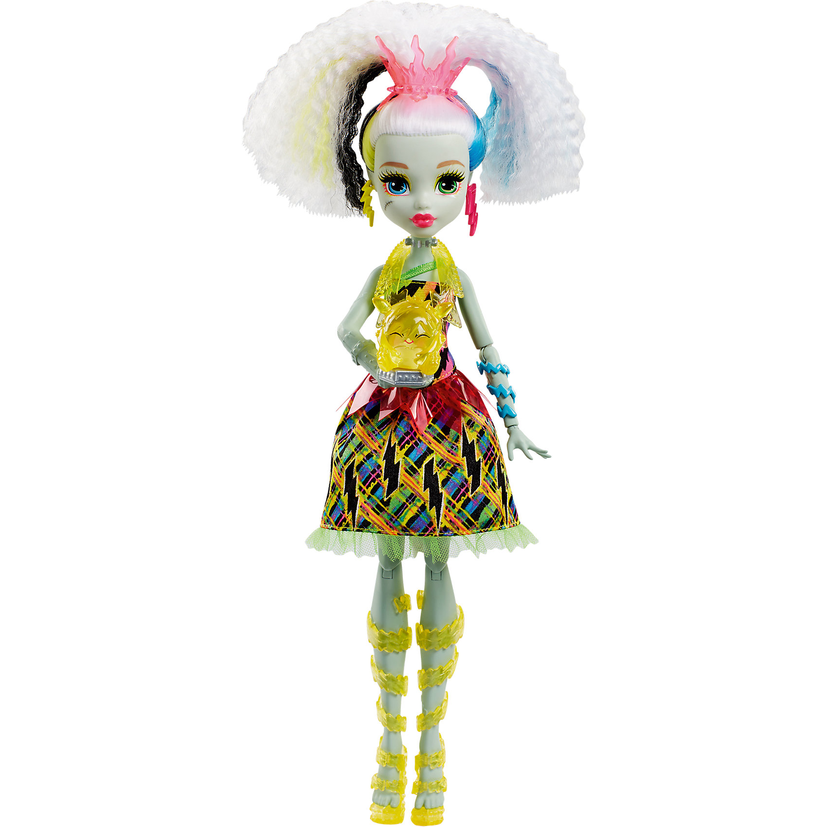 Электро Фрэнки из серии Под напряжением, Monster High Электро Фрэнки из серии Под напряжением, Monster HighПопулярные игрушки<br>Электро Фрэнки из серии Под напряжением, Monster High (Монстер Хай)<br><br>Характеристики:<br><br>• любимый питомец поможет Фрэнки светиться от счастья<br>• волосы куклы светятся разными цветами<br>• кукла умеет смеяться и устраивать световое шоу<br>• материал: пластик, текстиль<br>• высота куклы: 30 см<br>• батарейки: LR44 - 3 шт. (входят в комплект)<br>• размер упаковки: 33х21х9 см<br>• вес: 280 грамм<br><br>Красавица Фрэнки из серии Под напряжением понравится всем любителям Школы Монстров. После общения со своим питомцем Фрэнки забавно хохочет, а ее волосы начинают мигать разными цветами. Цветные волосы, световое шоу никого не оставят равнодушным! Фрэнки одета в платье с ярким принтом и модные сапожки. Серьги в виде молний и голубые браслеты подчеркивают неповторимость образа красавицы. Интерактивная Фрэнки подарит вам много положительных эмоций!<br><br>Электро Фрэнки из серии Под напряжением, Monster High (Монстер Хай) можно купить в нашем интернет-магазине.<br><br>Ширина мм: 328<br>Глубина мм: 207<br>Высота мм: 81<br>Вес г: 277<br>Возраст от месяцев: 72<br>Возраст до месяцев: 120<br>Пол: Женский<br>Возраст: Детский<br>SKU: 5089104