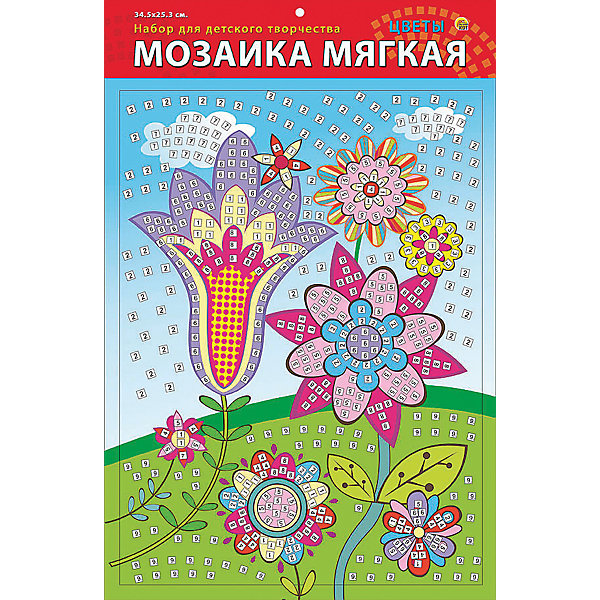 Мягкая мозаика Цветы формат А3 (34.5х25 см) Мягкая мозаика Цветы формат А3 (34.5х25 см)Мозаика детская<br>Замечательный набор для детского творчества серии Мягкая мозаика станет прекрасным подарком для Вашего ребёнка, ведь он развивает творческие способности, мелкую моторику рук, цветовосприятие, внимание и художественный вкус! Малышу просто необходимо приклеить к пронумерованным областям на картинке детали соответствующих цветов. Набор привлекает ярким красивым дизайном и выполнен из безопасных материалов. Предназначено для детей в возрасте от 3-х лет.<br><br>Ширина мм: 225<br>Глубина мм: 30<br>Высота мм: 180<br>Вес г: 450<br>Возраст от месяцев: 0<br>Возраст до месяцев: 108<br>Пол: Унисекс<br>Возраст: Детский<br>SKU: 5096852