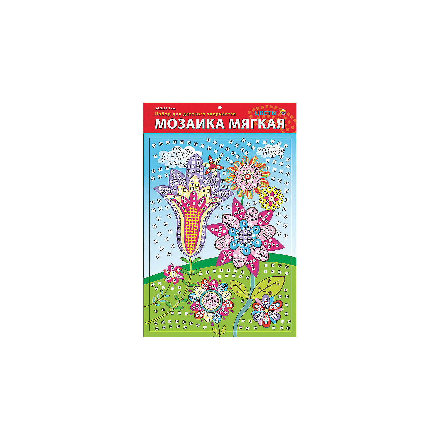 Мягкая мозаика Цветы формат А3 (34.5х25 см) Мягкая мозаика Цветы формат А3 (34.5х25 см)Мозаика<br>Замечательный набор для детского творчества серии Мягкая мозаика станет прекрасным подарком для Вашего ребёнка, ведь он развивает творческие способности, мелкую моторику рук, цветовосприятие, внимание и художественный вкус! Малышу просто необходимо приклеить к пронумерованным областям на картинке детали соответствующих цветов. Набор привлекает ярким красивым дизайном и выполнен из безопасных материалов. Предназначено для детей в возрасте от 3-х лет.<br><br>Ширина мм: 225<br>Глубина мм: 30<br>Высота мм: 180<br>Вес г: 450<br>Возраст от месяцев: 0<br>Возраст до месяцев: 108<br>Пол: Унисекс<br>Возраст: Детский<br>SKU: 5096852