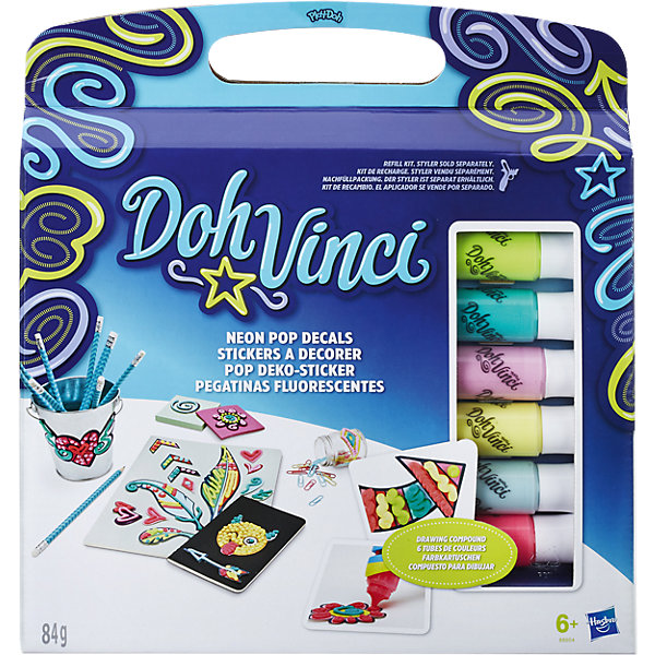 Набор для творчества Hasbro DohVinci Стикеры Давинчи Набор для творчества Hasbro DohVinci Стикеры ДавинчиНаборы для лепки<br>Характеристики товара:<br><br>• возраст: от 6 лет;<br>• материал: пластик, полимер;<br>• в комплекте: 3 набора стикеров, 6 картриджей;<br>• размер упаковки: 29,8х27,9х5,1 см;<br>• вес упаковки: 335 гр.;<br>• страна производитель: Китай.<br><br>Набор для творчества «Стикеры Давинчи» DohVinci Hasbro позволит детям украсить любые предметы, блокноты, тетради, проявляя фантазию и воображение. При помощи картриджей можно создавать на поверхности оригинальные узоры.<br><br>Картриджи используются только вместе со специальным стайлером. Пластилин для узоров не липнет к рукам и одежде, не пачкает их и быстро сохнет. Он не содержит опасных токсичных компонентов.<br><br>Набор для творчества «Стикеры Давинчи» DohVinci Hasbro B8954 можно приобрести в нашем интернет-магазине.<br><br>Ширина мм: 299<br>Глубина мм: 281<br>Высота мм: 55<br>Вес г: 341<br>Возраст от месяцев: 72<br>Возраст до месяцев: 2147483647<br>Пол: Женский<br>Возраст: Детский<br>SKU: 5099877