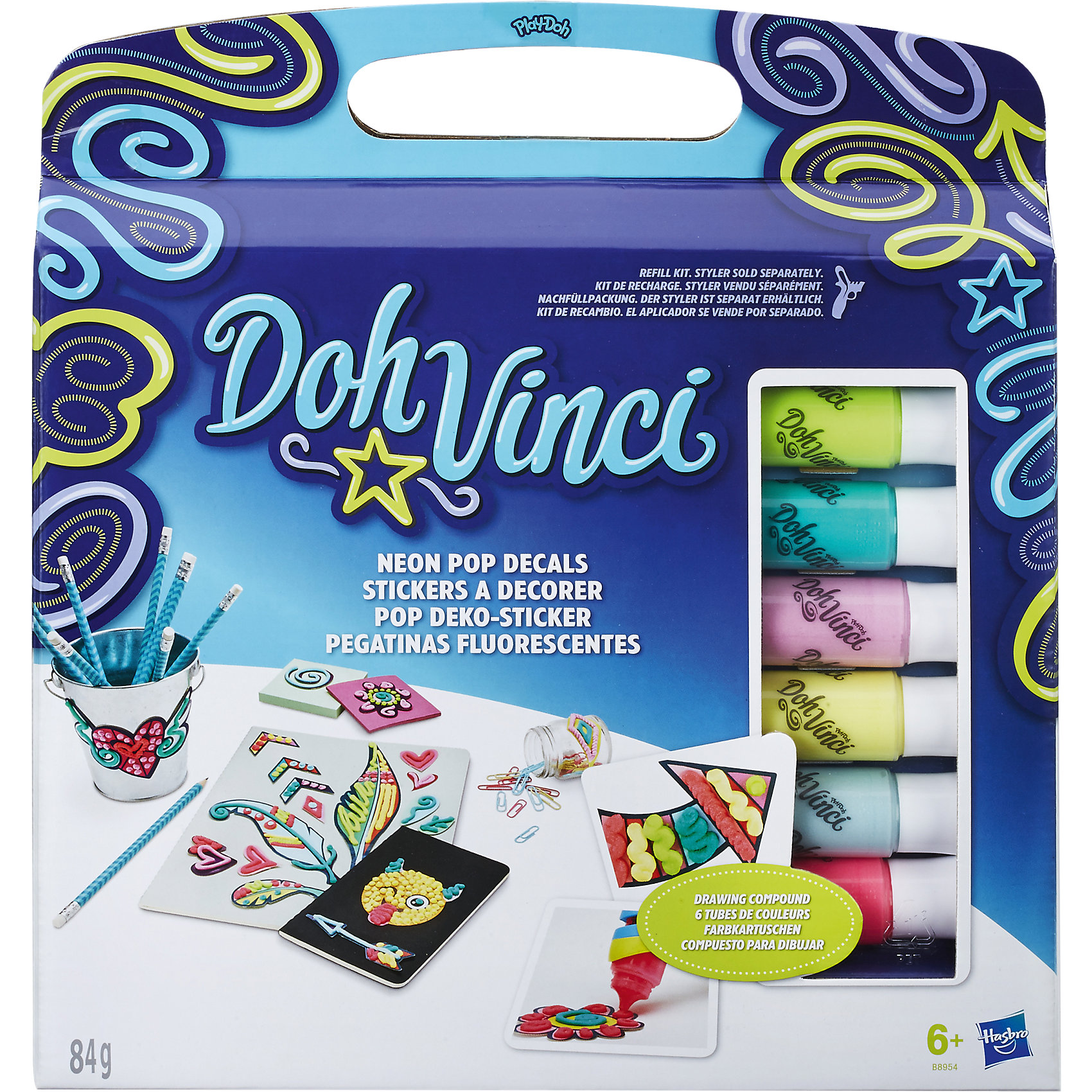Набор для творчества Hasbro DohVinci Стикеры Давинчи Набор для творчества Hasbro DohVinci Стикеры ДавинчиНаборы для лепки<br>Характеристики товара:<br><br>• возраст: от 6 лет;<br>• материал: пластик, полимер;<br>• в комплекте: 3 набора стикеров, 6 картриджей;<br>• размер упаковки: 29,8х27,9х5,1 см;<br>• вес упаковки: 335 гр.;<br>• страна производитель: Китай.<br><br>Набор для творчества «Стикеры Давинчи» DohVinci Hasbro позволит детям украсить любые предметы, блокноты, тетради, проявляя фантазию и воображение. При помощи картриджей можно создавать на поверхности оригинальные узоры.<br><br>Картриджи используются только вместе со специальным стайлером. Пластилин для узоров не липнет к рукам и одежде, не пачкает их и быстро сохнет. Он не содержит опасных токсичных компонентов.<br><br>Набор для творчества «Стикеры Давинчи» DohVinci Hasbro B8954 можно приобрести в нашем интернет-магазине.<br><br>Ширина мм: 299<br>Глубина мм: 281<br>Высота мм: 55<br>Вес г: 341<br>Возраст от месяцев: 72<br>Возраст до месяцев: 2147483647<br>Пол: Женский<br>Возраст: Детский<br>SKU: 5099877