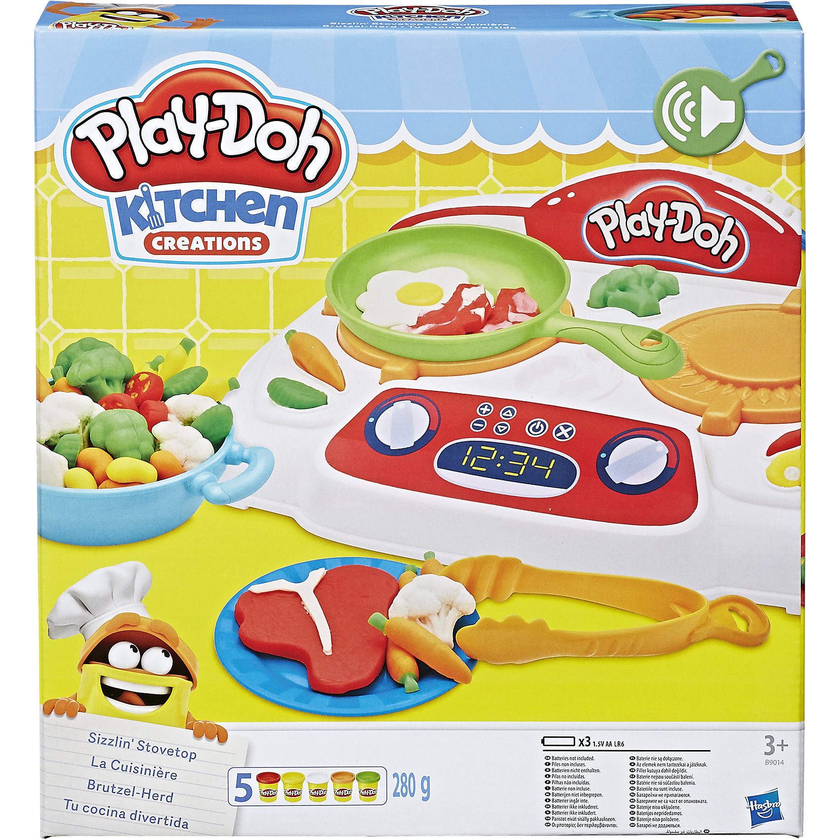 Игровой набор Кухонная плита, Play-Doh Игровой набор Кухонная плита, Play-DohЛепка<br>Игровой набор Кухонная плита, Play-Doh (Плей До).<br><br>Характеристика: <br><br>• Материал: пластик, пластилин. <br>• Размер упаковки: 31,3x27,6x34,6 см.<br>• В комплекте: электронная плита, 4 тумбы, 2 сковородки, щипцы, шпатель, нож, вилка, и 5 стандартных баночек пластилина . <br>• Отличная детализация. <br>• Яркий привлекательный дизайн. <br>• Элемент питания: 3 АА батарейки (не входят в комплект). <br>• После окончания игры пластилин хранить в плотно закрытой банке. <br>• Лепка отлично развивает моторику рук, воображение, мышление. <br><br>С этим ярким набором от Play-Doh ребенок сможет почувствовать себя настоящим поваром! Отлично проработанные аксессуары и электронная плита сделают игры еще реалистичнее и интереснее. Мягкий пластилин выполнен из высококачественных экологичных материалов при использовании только безопасных нетоксичных красителей. Тесто-пластилин Play-Doh очень пластичное, хорошо смывается с рук и одежды.<br><br>Игровой набор Кухонная плита, Play-Doh (Плей До) можно купить в нашем интернет-магазине.<br><br>Ширина мм: 334<br>Глубина мм: 304<br>Высота мм: 68<br>Вес г: 861<br>Возраст от месяцев: 36<br>Возраст до месяцев: 72<br>Пол: Унисекс<br>Возраст: Детский<br>SKU: 5099881