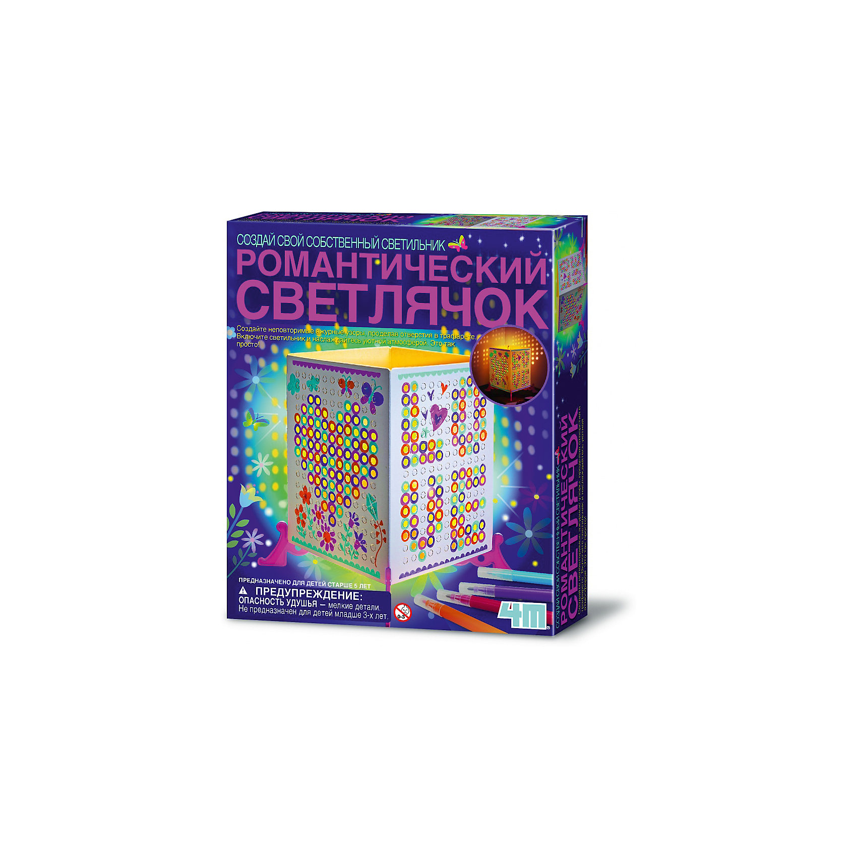 Романтический Светлячок, 4M Романтический Светлячок, 4MЭксперименты и опыты<br>Творческие наборы созданы для того, чтобы разнообразить детский досуг и привнести в него креативные нотки. Они с ранних лет воспитывают в ребенке самостоятельность и развивают яркую индивидуальность. Учат изготавливать не просто симпатичные поделки, а полезные и стильные предметы обихода.<br><br>Например, с помощью набора «Романтический светлячок» от бренда 4М пятилетний малыш может смастерить уникальный ночник и украсить им свою комнату.<br> <br>Изготовление светильника не отнимает много времени. Ребенок нанесет на трафарет придуманные рисунки и проделает в нем отверстия. А затем свой необычный абажур прикрепит на подставку со световым модулем.<br><br>Нетрудная и очень увлекательная работа развивает воображение, эстетический вкус, мелкую моторику и усидчивость. А еще с набором «Романтический светлячок» ребенок тепло полюбит творчество и научится находить практическое применение для своей богатой фантазии.<br><br>Ширина мм: 220<br>Глубина мм: 180<br>Высота мм: 50<br>Вес г: 189<br>Возраст от месяцев: 60<br>Возраст до месяцев: 2147483647<br>Пол: Унисекс<br>Возраст: Детский<br>SKU: 5105204