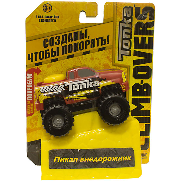 Машинка Climb-overs Пикап внедорожник, Tonka Машинка Climb-overs Пикап внедорожник, TonkaМашинки<br>Машинка Climb-overs Пикап внедорожник, Tonka<br><br>В набор входит:<br><br>-машинка<br><br>Характеристики:<br><br>-Возраст: от 3 лет<br>-Для мальчиков<br>-Тип батареек: 2 x AAA / LR0.3 1.5V <br>-Материал: пластик<br>-Марка: Tonka(Тонка)<br><br>Машинка Tonka Climb-overs Пикап внедорожник станет отличным подарком юному любителю гонок. Красный джип с желтым рисунком имеет открытый кузов. Мощные черные колеса автомобиля с серыми дисками легко проедут через любое препятствие. А если ребенок нажмет на большую желтую кнопку, располагающуюся на крыше кузова, то машинка быстро помчится вперед. Собери всю коллекцию машинок данной серии и играй в них вместе с друзьями, придумывая разные игровые сюжеты! Также машинка подойдет для треков этой серии. Для работы машинки требуются 3 батарейки типа ААА(в комплект не входят).<br><br>Машинка Climb-overs Пикап внедорожник, Tonka можно приобрести в нашем интернет-магазине.<br><br>Ширина мм: 165<br>Глубина мм: 51<br>Высота мм: 127<br>Вес г: 150<br>Возраст от месяцев: 36<br>Возраст до месяцев: 120<br>Пол: Мужской<br>Возраст: Детский<br>SKU: 5115729