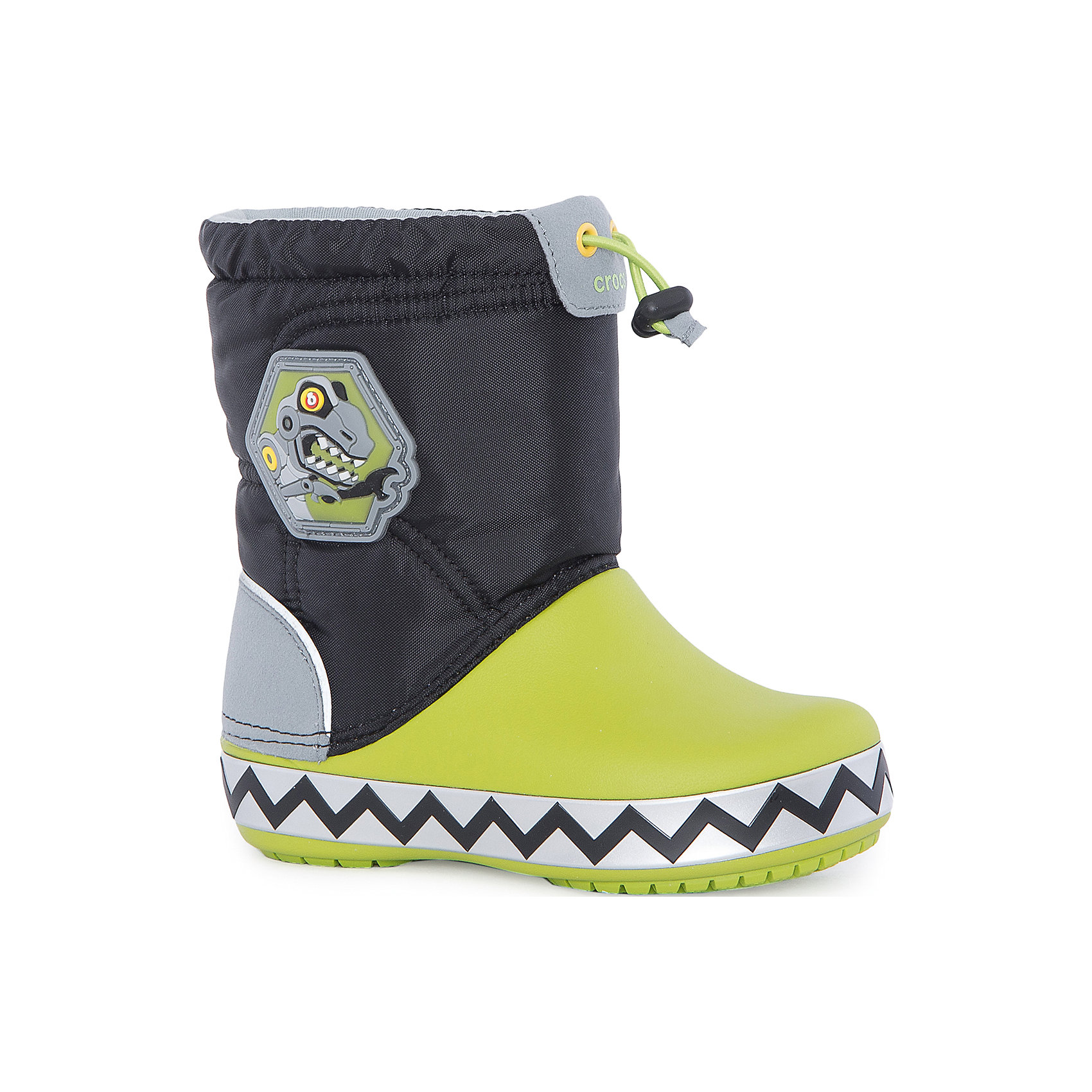 Сапоги Kids’ CrocsLights LodgePoint RoboSaur Boot для мальчика CROCS Сапоги Kids’ CrocsLights LodgePoint RoboSaur Boot для мальчика CROCSСноубутсы<br>Характеристики товара:<br><br>• цвет: черный/зеленый<br>• материал: верх - текстиль, низ -100% полимер Croslite™<br>• материал подкладки: текстиль<br>• встроенные светодиоды<br>• запас энергии элементов питания примерно 350 тыс. шагов<br>• непромокаемая носочная часть<br>• температурный режим: от -15° до +10° С<br>• легко очищаются<br>• антискользящая подошва<br>• застежка: шнурок со стоппером<br>• толстая устойчивая подошва<br>• страна бренда: США<br>• страна изготовитель: Китай<br><br>Сапоги могут быть и стильными, и теплыми! Для детской обуви крайне важно, чтобы она была удобной. Такие сапоги обеспечивают детям необходимый комфорт, а теплая подкладка создает особый микроклимат. Сапоги легко надеваются и снимаются, отлично сидят на ноге. Материал, из которого они сделаны, не дает размножаться бактериям, поэтому такая обувь препятствует образованию неприятного запаха и появлению болезней стоп. Данная модель особенно понравится детям - ведь в подошве встроены мигающие светодиоды!<br>Обувь от американского бренда Crocs в данный момент завоевала широкую популярность во всем мире, и это не удивительно - ведь она невероятно удобна. Её носят врачи, спортсмены, звёзды шоу-бизнеса, люди, которым много времени приходится бывать на ногах - они понимают, как важна комфортная обувь. Продукция Crocs - это качественные товары, созданные с применением новейших технологий. Обувь отличается стильным дизайном и продуманной конструкцией. Изделие производится из качественных и проверенных материалов, которые безопасны для детей.<br><br>Сапоги для мальчика от торговой марки Crocs можно купить в нашем интернет-магазине.<br><br>Ширина мм: 257<br>Глубина мм: 180<br>Высота мм: 130<br>Вес г: 420<br>Цвет: черный<br>Возраст от месяцев: 18<br>Возраст до месяцев: 21<br>Пол: Мужской<br>Возраст: Детский<br>Размер: 23,34/35,27,28,29,30,24,25,26,31/32,33/34<br>SKU: 5121987