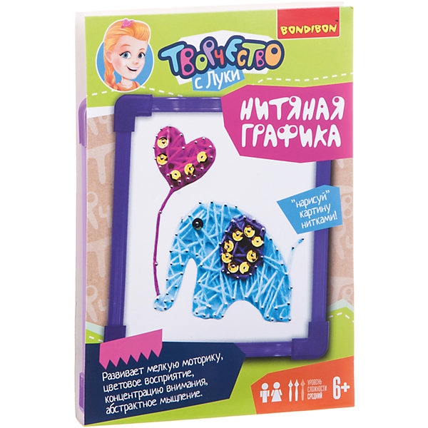 Картина из ниток Слоник, Bondibon Картина из ниток Слоник, BondibonШитьё<br>Картина из ниток Слоник, Bondibon (Бондибон). <br><br>Характеристика:<br><br>• Материал: текстиль, пластик, металл. <br>• Размер упаковки: 12х5х18 см. <br>• Комплектация: рамка-основа, трафарет, нитки (3 мотка), гвоздики, блестки, инструкция. <br>• Развивает моторику рук, фантазию и внимание. <br><br>С помощью этого набора ваш ребенок сможет сделать оригинальную картину из ниток. Суть нитяной графики в том, чтобы натягивать нити на небольшие гвоздики так, чтобы получилось изображение. Получившаяся картина сможет украсить стену детской или стать прекрасным подарком, сделанным своими руками. <br>Работая с этим набором, ребенок получит массу положительных эмоций и разовьет мелкую моторику, внимание, усидчивость и фантазию. <br> <br>Картину из ниток Слоник, Bondibon (Бондибон), можно купить в нашем интернет-магазине.<br><br>Ширина мм: 180<br>Глубина мм: 5<br>Высота мм: 120<br>Вес г: 790<br>Возраст от месяцев: 72<br>Возраст до месяцев: 120<br>Пол: Женский<br>Возраст: Детский<br>SKU: 5124509