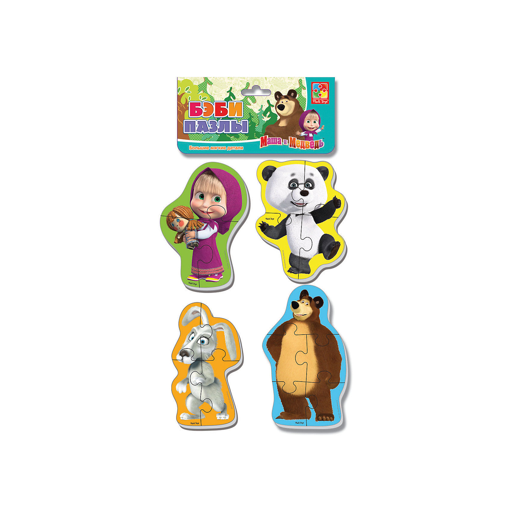 Мягкие пазлы Панда и заяц, Маша и Медведь, Vladi Toys Мягкие пазлы Панда и заяц, Маша и Медведь, Vladi ToysМягкие пазлы<br>Характеристики:<br><br>• Вид игр: развивающие<br>• Серия: Пазлы для самых маленьких<br>• Пол: универсальный<br>• Материал: полимер, картон<br>• Цвет: желтый, зеленый, голубой, коричневый, розовый, белый, черный и др.<br>• Комплектация: 4 пазла с изображением Маши, медведя, панды, зайца <br>• Размеры (Д*Ш*В): 15,5*2*27 см<br>• Тип упаковки: полиэтиленовый пакет с хедером<br>• Вес: 34 г<br>• Общее количество элементов: 16 шт.<br><br>Мягкие пазлы Панда и заяц, Маша и Медведь, Vladi Toys, производителем которых является компания, специализирующаяся на выпуске развивающих игр, давно уже стали популярными среди аналогичной продукции. Мягкие пазлы – идеальное решение для развивающих занятий с самыми маленькими детьми, так как они разделены на большие элементы с крупными изображениями, чаще всего в качестве картинок используются герои популярных мультсериалов. Самое важное в пазле для малышей – это минимум деталей и безопасность элементов. Все используемые в производстве материалы являются экологически безопасными, не вызывают аллергии, не имеют запаха. Набор Панда и заяц, Маша и Медведь, Vladi Toys состоит из 16-ти элементов, из которых можно собрать четыре картинки с изображениями героев мультфильма Маша и медведь. <br>Занятия с мягкими пазлами Панда и заяц, Маша и Медведь, Vladi Toys способствуют развитию не только мелкой моторики, но и внимательности, усидчивости, терпению при достижении цели. <br><br>Мягкие пазлы Панда и заяц, Маша и Медведь, Vladi Toys можно купить в нашем интернет-магазине.<br><br>Ширина мм: 155<br>Глубина мм: 20<br>Высота мм: 270<br>Вес г: 34<br>Возраст от месяцев: 24<br>Возраст до месяцев: 60<br>Пол: Унисекс<br>Возраст: Детский<br>SKU: 5136065