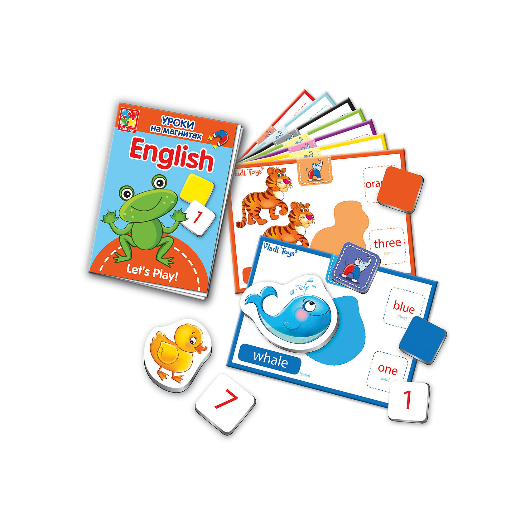 Уроки на магнитах English Животные, Vladi Toys Уроки на магнитах English Животные, Vladi ToysИгры для дошкольников<br>Характеристики:<br><br>• Вид игр: обучающие, развивающие<br>• Серия: обучающие магниты<br>• Пол: универсальный<br>• Материал: картон, магнит<br>• Цвет: голубой, красный, оранжевый, зеленый, желтый и др.<br>• Комплектация: 32 мягких магнитов, 10 карточек с заданиями, брошюра-пособие<br>• Размеры упаковки (Д*Ш*В): 16*6*19,5 см<br>• Тип упаковки: картонная коробка<br>• Вес в упаковке: 544 г<br>• Предусмотрено несколько вариантов игр<br>• Возможность вариации заданий по сложности <br><br>Уроки на магнитах English Животные, Vladi Toys, производителем которых является компания, специализирующаяся на выпуске развивающих игр, давно уже стали популярными среди аналогичной продукции. Уроки на магнитах English Животные, Vladi Toys отличаются комплексным подходом к освоению иностранного языка: в них предусмотрены игры и задания разного уровня сложности на три тематические темы: животные, цвета и цифры. Все магниты-карточки отличаются яркостью красок и наглядностью. При производстве карточек использованы только экологически безопасные материалы, которые не вызывают аллергии и не имеют запаха. Набор состоит из 32 магнитов, 10 карточек с заданиями. В комплекте предусмотрено пособие с разноуровневыми заданиями.<br>Занятия с уроками на магнитах English Животные, Vladi Toys позволят в легкой игровой форме выучить английские названия животных, цветов и цифр.<br><br>Уроки на магнитах English Животные, Vladi Toys можно купить в нашем интернет-магазине.<br><br>Ширина мм: 160<br>Глубина мм: 60<br>Высота мм: 195<br>Вес г: 544<br>Возраст от месяцев: 24<br>Возраст до месяцев: 84<br>Пол: Унисекс<br>Возраст: Детский<br>SKU: 5136108