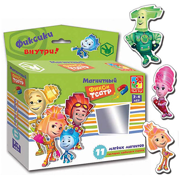 Магнитный театр Фиксики , Vladi Toys Магнитный театр Фиксики , Vladi ToysНастольные игры для всей семьи<br>Характеристики:<br><br>• Вид игр: обучающие, развивающие<br>• Серия: магнитный театр<br>• Пол: универсальный<br>• Материал: картон, магнит<br>• Цвет: голубой, оранжевый, розовый, зеленый, желтый и др.<br>• Комплектация: 10 магнитов, сценарий сказки<br>• Размеры упаковки (Д*Ш*В): 16,5*4,5*19 см<br>• Тип упаковки: картонная коробка<br>• Вес в упаковке: 110 г<br><br>Магнитный театр Фиксики, Vladi Toys, производителем которых является компания, специализирующаяся на выпуске развивающих игр, давно уже стали популярными среди аналогичной продукции. Театральные постановки в детских играх – это залог его творческого развития ребенка. При производстве карточек использованы только экологически безопасные материалы, которые не вызывают аллергии и не имеют запаха. Магнитный театр Фиксики состоит из 10 ярких персонажей-картинок, которые позволят воспроизвести любимые сюжеты из популярного мультфильма. В комплекте предусмотрен сценарий одной сказки.<br>Игры Магнитный театр Фиксики, Vladi Toys позволят вашему ребенку развивать связную речь, обогащать словарный запас и постигать актерское искусство не выходя из дома!<br><br>Магнитный театр Фиксики, Vladi Toys можно купить в нашем интернет-магазине.<br><br>Ширина мм: 165<br>Глубина мм: 45<br>Высота мм: 190<br>Вес г: 110<br>Возраст от месяцев: 24<br>Возраст до месяцев: 60<br>Пол: Унисекс<br>Возраст: Детский<br>SKU: 5136111