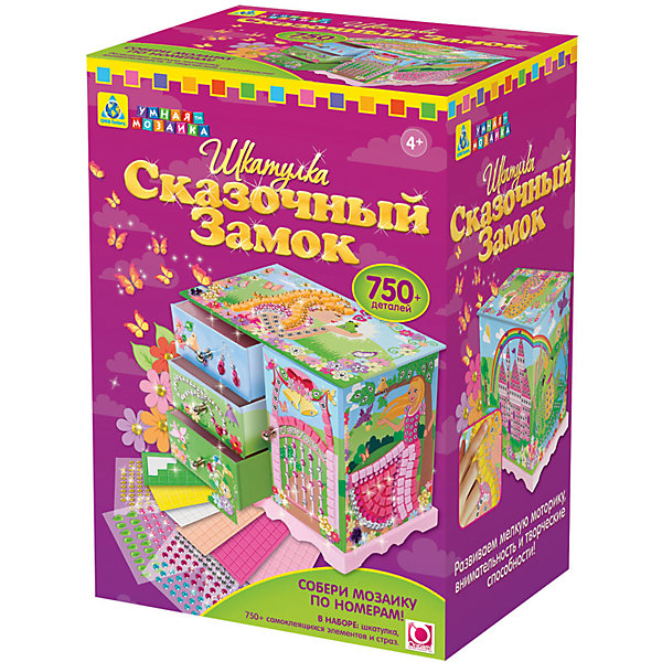Мозаика-шкатулка Замок Мозаика-шкатулка ЗамокМозаика детская<br>Мозаика-шкатулка «Сказочный замок» обладает уникальной формой, безупречным дизайном и безусловной функциональностью! Приклейте 750+ сверкающих страз на рисунок по номерам и цветам. Перед Вашими глазами оживут образы сказочного замка! Храните в этой шкатулке свои самые любимые украшения!В наборе:• Шкатулка для украшений • 750+ сверкающих страз и самоклеящихся элементовДизайн моделей разработан в США.5+<br><br>Ширина мм: 254<br>Глубина мм: 140<br>Высота мм: 178<br>Вес г: 716<br>Возраст от месяцев: 48<br>Возраст до месяцев: 84<br>Пол: Женский<br>Возраст: Детский<br>SKU: 5165765