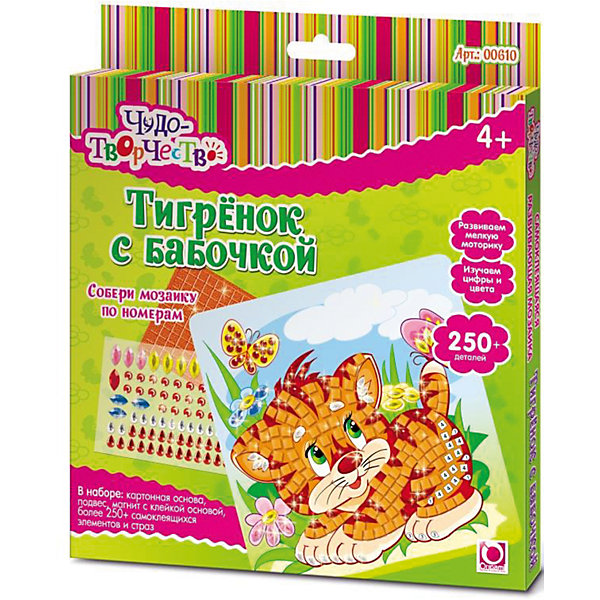 Мозаика Тигренок с бабочкой Мозаика Тигренок с бабочкойМозаика детская<br>Мозаика Чудо-творчество с самоклеящимися элементами помогает изучить цвета и цифры, развивает мелкую моторику и воображение. В набор входит большее количество деталей, чем это нужно для изготовления картинки - сделай свою картинку и укрась ее стразами! После того, как мозаика готова, ее можно повесить на стену или прикрепить с помощью магнитана холодильник. Мозаику Чудо-творчество отличает высокое качество, авторские дизайны картинок, прекрасное наполнение.В наборе: картонная основа с картинкой (20x20см), 250+ самоклеящихся элементов и страз, подвес, магнит с клейкой основой. Рекомендованный возраст: 4+.<br><br>Ширина мм: 205<br>Глубина мм: 15<br>Высота мм: 230<br>Вес г: 130<br>Возраст от месяцев: 48<br>Возраст до месяцев: 84<br>Пол: Унисекс<br>Возраст: Детский<br>SKU: 5165778