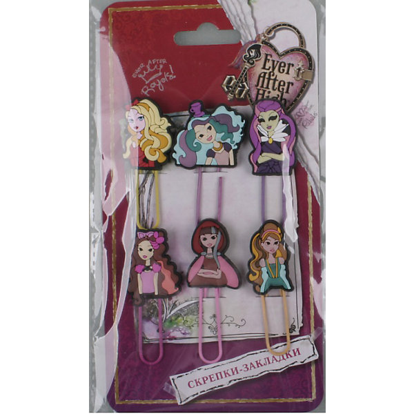 Скрепки-закладки Ever After High 6 шт Скрепки-закладки Ever After High 6 штEver After High Товары для школы<br>Скрепки-закладки Ever After High 6 шт<br><br>Характеристики:<br><br>- в набор входит: 6 скрепок <br>- размер скрепки: 5 см.<br>- состав: металл, резина<br>- для детей в возрасте: от 5 до 11 лет<br>- Страна производитель: Китай<br><br>Набор цветных скрепок-закладок с любимыми персонажами из мультфильма “Школа долго и счастливо” (Ever After High) понравится каждой девочке. Немецкая компания Centrum (Центрум) специализируется на товарах для детского творчества и развития. Яркие закладки принцесс Эппл Уайт, Брайер Бьюти, Эшлин Эллы, Рейвен Квин и Медделин Хеттер, а также Серис РайдинХуд отлично скрепляют страницы между собой не оставляя следов. Скрепки-закладки помогут развить в девочке аккуратность и прилежность. Она всегда сможет заложить интересную страничку книги или заданный параграф в учебнике. Закладки также станут отличным подарком обладательницам кукл “Школа долго и счастливо” (Ever After High), а также любительницам этого мультсериала про школу сказочных героев. <br><br>Скрепки-закладки Ever After High 6 шт можно купить в нашем интернет-магазине.<br><br>Ширина мм: 10<br>Глубина мм: 100<br>Высота мм: 190<br>Вес г: 35<br>Возраст от месяцев: 36<br>Возраст до месяцев: 120<br>Пол: Женский<br>Возраст: Детский<br>SKU: 5175429
