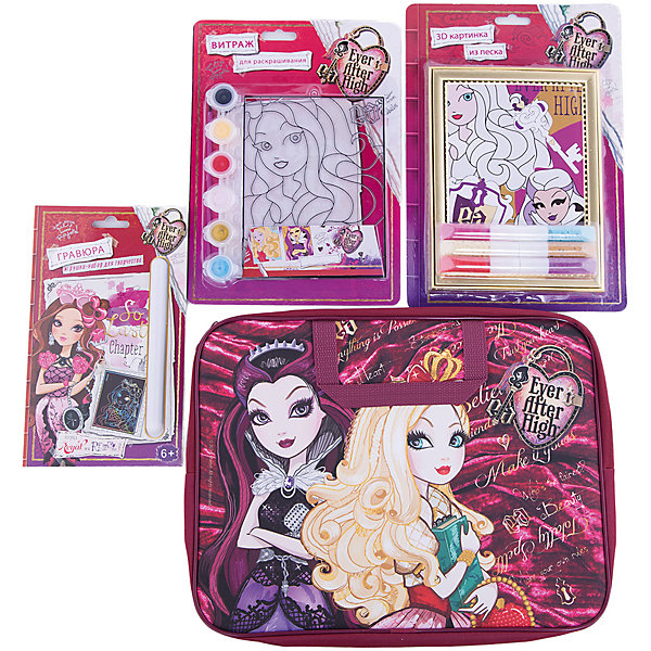Набор для творчества Ever After High (4 предмета) Набор для творчества Ever After High (4 предмета)Ever After High<br>Набор для творчества Ever After High (4 предмета)<br><br>Характеристики:<br><br>- в набор входит: сумочка-папка, гравюра, витраж, 3D картина из песка <br>- состав: текстиль, пластик, картон<br>- для детей в возрасте: от 6 до 12 лет<br>- страна производитель: Российская Федерация<br><br>Набор для творчества Ever After High (Школа Долго и Счастливо) от немецкого бренда Centrum (Центрум) придет по вкусу каждой девочке. Целых три задания лежат в этой яркой папочке на молнии. Гравюра героини мультфильма станет очень интересным и новым занятием, контур уже имеется, нужно просто использовать штрихель из набора, чтобы соскрести черную краску и добавить радужного цвета. Витражная картинка со вложенными красками научит технике витража, а картинка из песка порадует своей объемностью и необычным стилем выполнения. Сумочка папка может хранить шедевры ребенка. Работая с таким набором ребенок развивает моторику рук, воображение, усидчивость, аккуратность и внимание. Набор станет отличным подарком обладательницам кукл “Школа долго и счастливо” (Ever After High) и любительницам этого мультсериала про школу сказочных героев. <br><br>Набор для творчества Ever After High (4 предмета) можно купить в нашем интернет-магазине.<br><br>Ширина мм: 50<br>Глубина мм: 360<br>Высота мм: 280<br>Вес г: 510<br>Возраст от месяцев: 36<br>Возраст до месяцев: 120<br>Пол: Женский<br>Возраст: Детский<br>SKU: 5175432