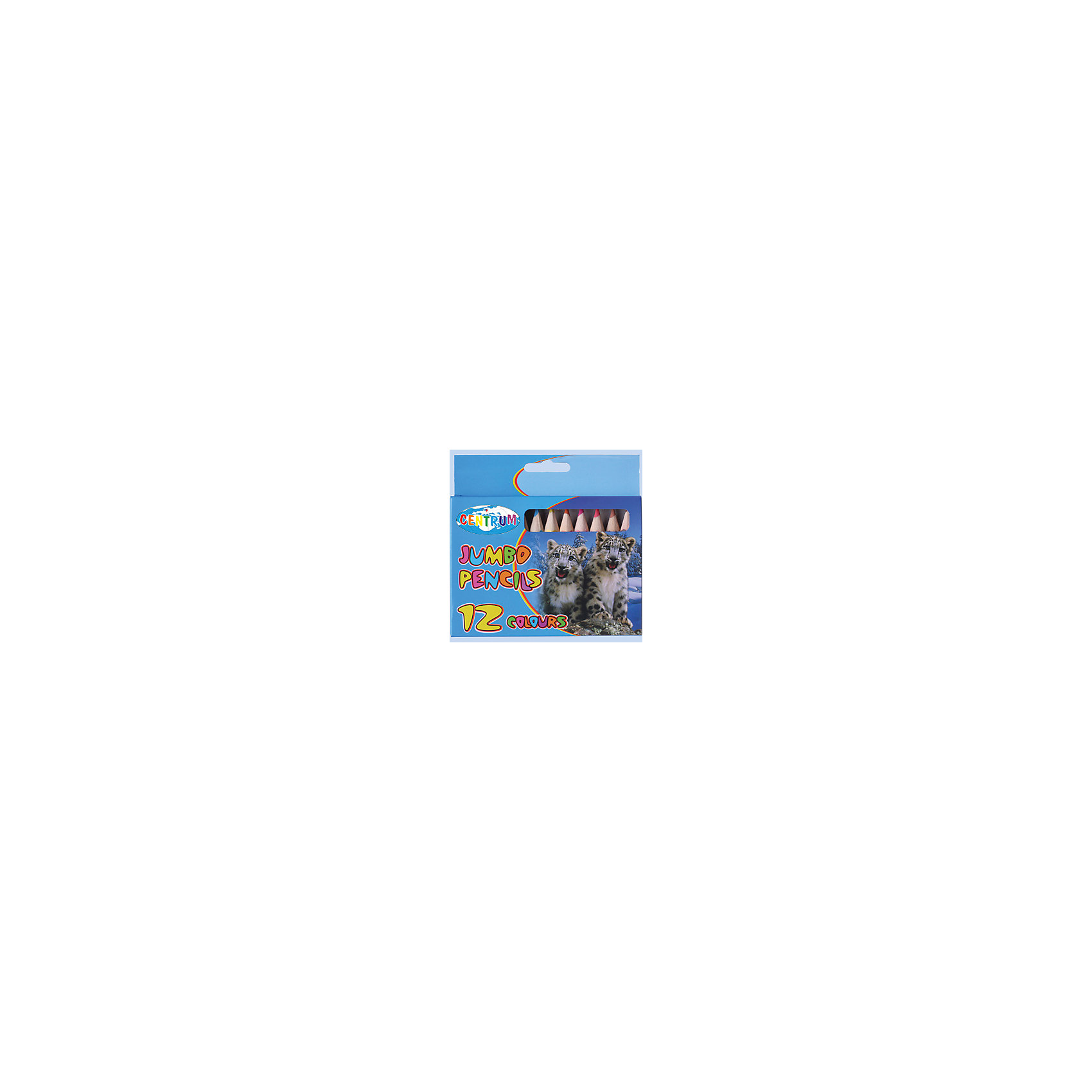 Цветные карандаши Jumbo, 12 цветов Цветные карандаши Jumbo, 12 цветовЦветные<br>Цветные карандаши Jumbo, 12 цветов<br><br>Характеристики:<br><br>- в набор входит: 12 карандашей <br>- состав: дерево, картон<br>- длина карандашей: 12 см. <br>- размер упаковки: 14 * 1 * 24 см.<br>- для детей в возрасте: от 3 до 10 лет<br>- страна производитель: Китай<br><br>Набор цветных карандашей с рисунком котят снежного барса понравится и мальчику и девочке. Немецкая компания Centrum (Центрум) специализируется на товарах для детского творчества и развития. Яркая коробочка выполнена из картона и отлично вмещает все карандаши, не позволяя им разбегаться по столу или школьному ранцу. Утолщенные карандаши (1,25 см.) имеют шесть граней, мягкие и рисуют яркие линии без сильного нажима. Классические двенадцать цветов помогут нарисовать самый лучший шедевр и просто отлично провести время. Рисование карандашами разрабатывает моторику ручек, творческие способности, успокаивает, помогает развить аккуратность и внимание. <br><br>Цветные карандаши Jumbo, 12 цветов можно купить в нашем интернет-магазине.<br><br>Ширина мм: 12<br>Глубина мм: 130<br>Высота мм: 125<br>Вес г: 76<br>Возраст от месяцев: 36<br>Возраст до месяцев: 120<br>Пол: Унисекс<br>Возраст: Детский<br>SKU: 5175446