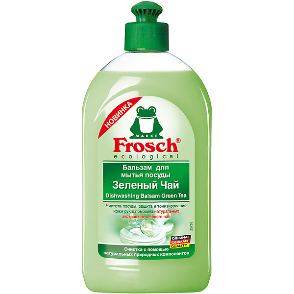 Бальзам для мытья посуды (зеленый чай), 0,5 л., Frosch Бальзам для мытья посуды (зеленый чай), 0,5 л., FroschБытовая химия<br>Характеристики товара:<br><br>• объем: 500 мл<br>• упаковка: пластик<br>• страна бренда: Германия<br>• страна изготовитель: Германия<br><br>Бальзам для мытья посуды – щадящая версия обычного средства очищения, к которым предъявляются повышенные требования, так как вещества могут содержать опасные для здоровья компоненты. Но только не продукция компании Frosch. <br><br>Средство эффективно удаляет жир и загрязнения с посуды, придает аромат зеленого лимона. Химический состав безопасен при использовании, а так же полностью смывается водой. Материалы, использованные при изготовлении товара, сертифицированы и отвечают всем международным требованиям по качеству. <br><br>Бальзам для мытья посуды (зеленый чай), 0,5 л, от немецкого производителя Frosch (Фрош) можно приобрести в нашем интернет-магазине.<br><br>Ширина мм: 85<br>Глубина мм: 52<br>Высота мм: 200<br>Вес г: 562<br>Возраст от месяцев: 216<br>Возраст до месяцев: 1188<br>Пол: Унисекс<br>Возраст: Детский<br>SKU: 5185731