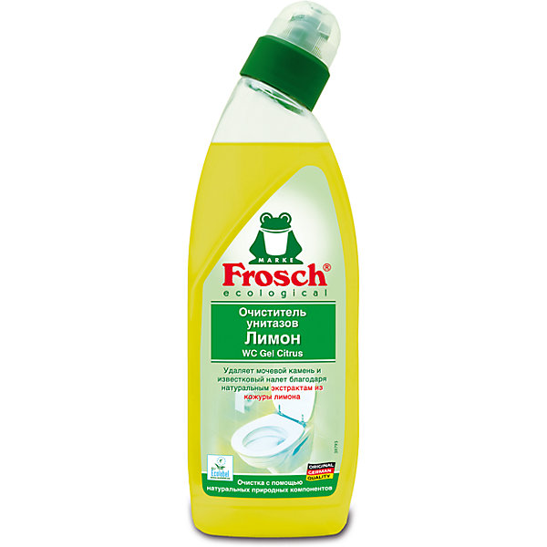 Очиститель унитазов Лимон, 0,75 л., Frosch Очиститель унитазов Лимон, 0,75 л., FroschБытовая химия<br>Характеристики товара:<br><br>• объем: 750 мл<br>• упаковка: пластик<br>• страна бренда: Германия<br>• страна изготовитель: Германия<br><br>Чистота сантехнических приборов должна поддерживаться постоянно. На помощь хозяйкам приходят многочисленные средства. Но все ли они так эффективны и безопасны, как продукция от компании Frosch? <br><br>Средства данного бренда не только идеально справляются со своими прямыми обязанностями, но и придают приятный аромат, например, лимон. Материалы, использованные при изготовлении товара, сертифицированы и отвечают всем международным требованиям по качеству. <br><br>Очиститель унитазов Лимон, 0,75 л, от немецкого производителя Frosch (Фрош) можно приобрести в нашем интернет-магазине.<br><br>Ширина мм: 87<br>Глубина мм: 53<br>Высота мм: 265<br>Вес г: 840<br>Возраст от месяцев: 216<br>Возраст до месяцев: 1188<br>Пол: Унисекс<br>Возраст: Детский<br>SKU: 5185738