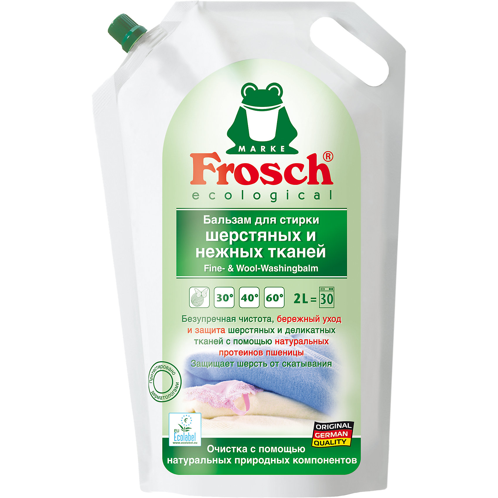 Бальзам для стирки шерстяных и нежных тканей, 2 л. , Frosch Бальзам для стирки шерстяных и нежных тканей, 2 л. , FroschБытовая химия<br>Характеристики товара:<br><br>• объем: 2 л<br>• упаковка: коробка<br>• страна бренда: Германия<br>• страна изготовитель: Германия<br><br>Шерстяная одежда изготовлена из деликатных тканей, которые требуют к себе бережного отношения. К стирке шерстяных вещей важно подходить с умом, так как в процессе ткань теряет свои свойства. <br><br>Восстановить цвет и мягкость помогают специальные средства, например, бальзам для стирки особо нежных тканей, подходящий для шерсти. Материалы, использованные при изготовлении товара, сертифицированы и отвечают всем международным требованиям по качеству. <br><br>Бальзам для стирки шерстяных и нежных тканей, 2 л, от производителя Frosch (Фрош) можно приобрести в нашем интернет-магазине.<br><br>Ширина мм: 160<br>Глубина мм: 90<br>Высота мм: 270<br>Вес г: 2163<br>Возраст от месяцев: 216<br>Возраст до месяцев: 1188<br>Пол: Унисекс<br>Возраст: Детский<br>SKU: 5185744