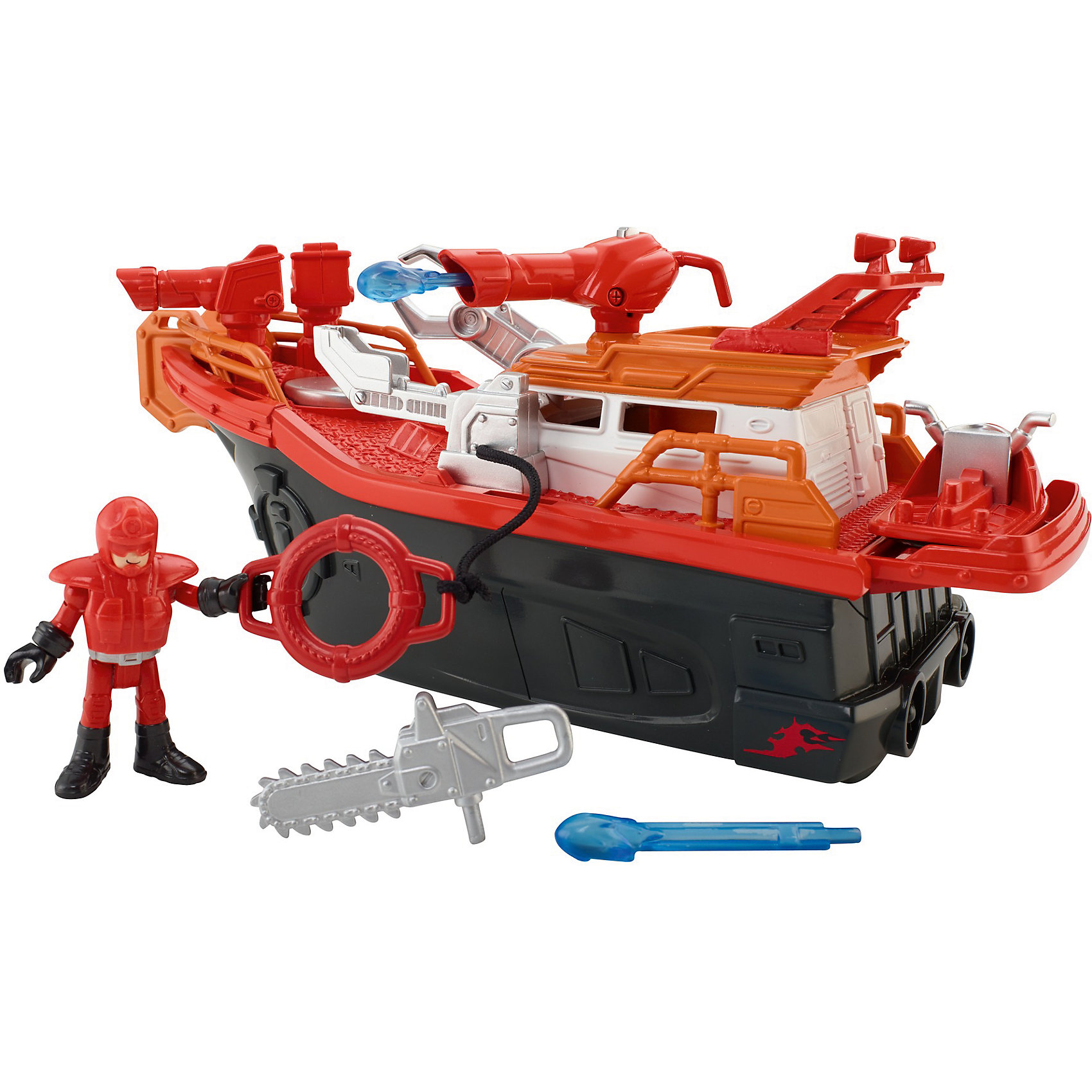 Пожарная лодка, Imaginext, Fisher Price Пожарная лодка, Imaginext, Fisher PriceЛюбимые герои<br>Характеристики:<br><br>• Вид игр: сюжетно-ролевые игры, игры на воде<br>• Пол: для мальчиков<br>• Серия: Imaginext<br>• Материал: пластик<br>• Цвет: красный, черный, оранжевый, серебристый<br>• Комплектация: катер, водный скутер, фигурка пожарного, 2 водяных снаряда, спасательный круг<br>• У лодки имеются вращающиеся пушки<br>• Пушки корабля могут стрелять струей воды<br>• Размеры (Д*Ш*В): 13*22*31 см<br>• Вес: 490 г <br>• Упаковка: картонная коробка<br><br>Пожарная лодка, Imaginext, Fisher Price – это игровой набор, состоящий из пожарного катера и аксессуаров от знаменитого производителя Mattel. игрушка выполнена из качественного и безопасного пластика, устойчивого к механическим повреждениям. Все элементы окрашены нетоксичными красками. Катер выполнен с высокой долей детализации элементов, он оснащен поворачивающимися и стреляющими пушками. Заряжать пушки можно как предусмотренными в комплекте снарядами, так и водой. Резервуар для воды находится в днище катера, забор воды производится при повороте установленной фигурки пожарного на вращающийся диск. Кроме того, у катера имеется водный скутер и спасательный круг. <br><br>Сюжетно-ролевые игры с наборами серии Imaginext от Fisher Price позволят окунуться вашему ребенку в увлекательный мир спасателей, создавать и воспроизводить свои истории, полные захватывающих приключений и удивительных спасений.<br><br>Пожарную лодку, Imaginext, Fisher Price можно купить в нашем интернет-магазине.<br><br>Ширина мм: 215<br>Глубина мм: 305<br>Высота мм: 135<br>Вес г: 875<br>Возраст от месяцев: 36<br>Возраст до месяцев: 96<br>Пол: Мужской<br>Возраст: Детский<br>SKU: 5200227
