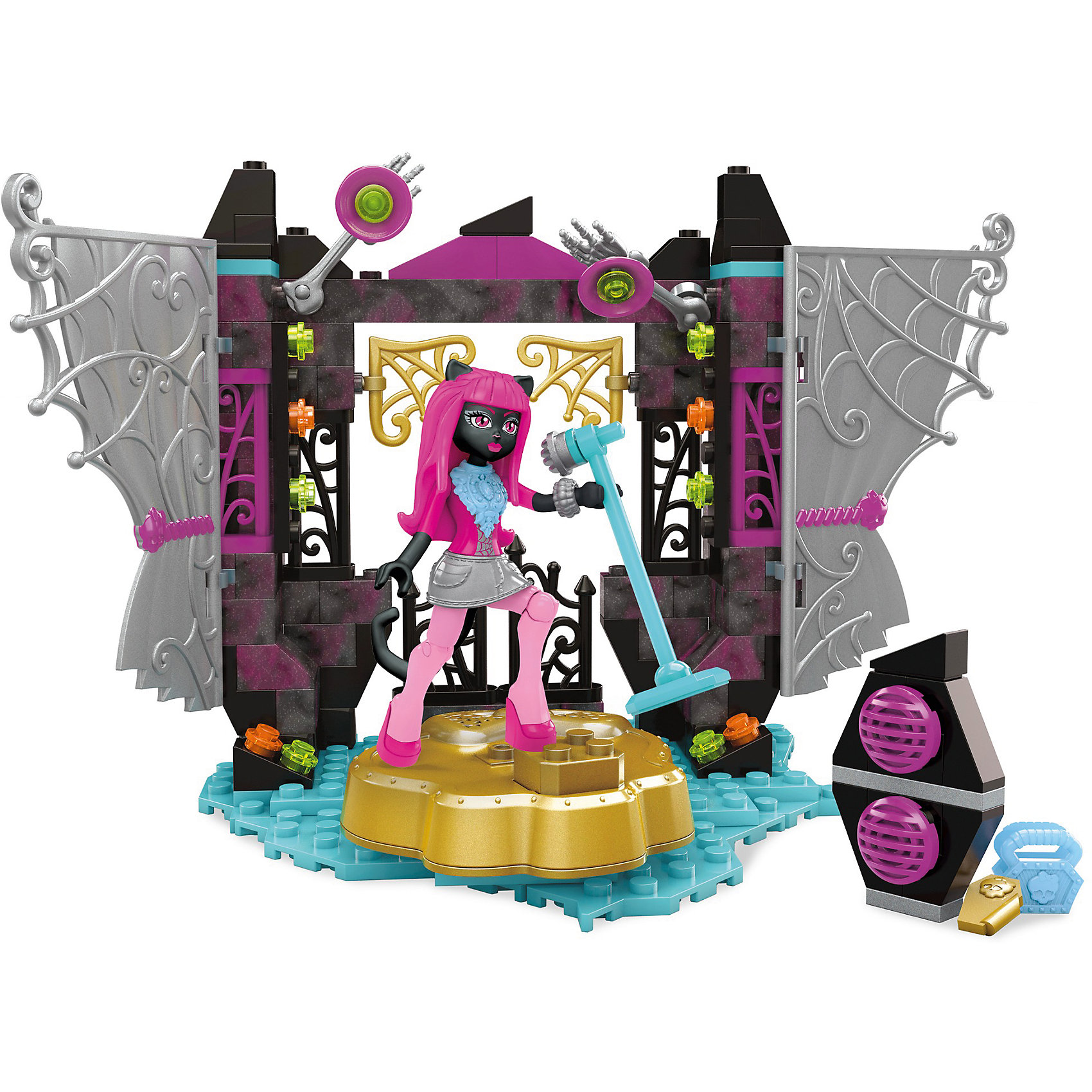 Monster High: Игровой набор Звездная сцена, MEGA BLOKS Monster High: Игровой набор Звездная сцена, MEGA BLOKSПластмассовые конструкторы<br>Характеристики:<br><br>• Вид игр: конструирование, сюжетно-ролевые игры<br>• Пол: для девочек<br>• Серия: Monster High<br>• Материал: пластик, металл<br>• Цвет: розовый, золотистый, голубой, серебристый, коричневый<br>• Комплектация: фигурка Кэтти Нуар, сцена, занавес, микрофон, аксессуары<br>• Количество деталей: 162 шт.<br>• Батарейки: 3 шт. типа LR 44 (в комплекте предусмотрены демонстрационные)<br>• Наличие звуковых эффектов <br>• У сцены вращающиеся кулисы<br>• Размеры (Д*Ш*В): 5*31*24 см<br>• Вес: 355 г <br>• Упаковка: картонная коробка <br><br>Monster High: Игровой набор Звездная сцена, MEGA BLOKS – это конструктор серии Monster High от Mattel. Детали конструктора выполнены из качественного и безопасного пластика, устойчивого к механическим повреждениям. Все элементы окрашены нетоксичными красками. Конструктор состоит из 162 деталей, из которых собирается сцена с кулисами и занавесом, микрофон, фигурка Кэтти Нуар и другие аксессуары. Такой набор позволит поклоннице знаменитого мультсериала воспроизвести любимые сюжеты или придумать свою историю.<br>Сюжетно-ролевые игры с конструктором серии Monster High позволят развивать воображение, образное и пространственное мышление, а конструирование – мелкую моторику рук, научит вашего ребенка быть внимательным и терпеливым при сборке деталей.<br>Конструктор Monster High: Игровой набор Звездная сцена, MEGA BLOKS совместим с другими наборами данной серии. <br><br>Monster High: Игровой набор Звездная сцена, MEGA BLOKS можно купить в нашем интернет-магазине.<br><br>Ширина мм: 245<br>Глубина мм: 305<br>Высота мм: 50<br>Вес г: 454<br>Возраст от месяцев: 84<br>Возраст до месяцев: 144<br>Пол: Женский<br>Возраст: Детский<br>SKU: 5200246