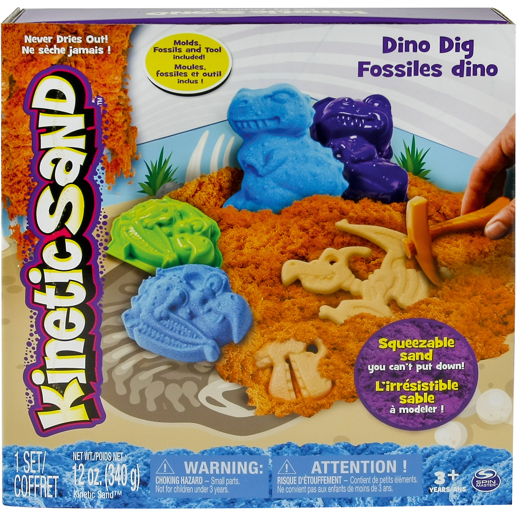Песок для лепки Kinetic Sand. Игровой набор c формочками, 340 грамм Песок для лепки Kinetic Sand. Игровой набор c формочками, 340 граммКинетический песок<br>Песок для лепки Kinetic Sand. Игровой набор c формочками, 340 грамм<br><br>Характеристики:<br><br>• развивает фантазию и мелкую моторику<br>• яркий цвет<br>• не высыхает и не пачкает одежду<br>• легко собрать<br>• быстро принимает нужную форму<br>• вес: 340 грамм<br>• состав: 98% кварцевый песок, 2% связующий агент<br><br>Кинетический песок - универсальный заменитель детской песочницы в домашних условиях. Для игры требуется лишь немного фантазии и желание играть. С помощью формочек ребенок сможет создать интересные фигуры динозавров, найти их останки, а может и придумать целую историю. Песок рассыпчатый, не липнет к рукам, не пачкает одежду и легко собирается. В набор входит удобная площадка для игры. При желании вы можете помочь ребенку смешать цвета и создать новый оттенок. Яркие фигурки легко рассыпаются на песчинки, которые ребенок с радостью соберет снова и снова.<br><br>Песок для лепки Kinetic Sand. Игровой набор c формочками, 340 грамм вы можете купить в нашем интернет-магазине.<br><br>Ширина мм: 255<br>Глубина мм: 270<br>Высота мм: 60<br>Вес г: 733<br>Возраст от месяцев: 36<br>Возраст до месяцев: 72<br>Пол: Унисекс<br>Возраст: Детский<br>SKU: 5203144