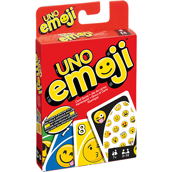 Игра УНО Эмоции, Mattel Games Игра УНО Эмоции, Mattel GamesНастольные игры для всей семьи<br>Игра УНО Эмоции, Mattel Games (Маттел Геймс)<br><br>Характеристики:<br><br>• специальные карты с символами Эмодзи<br>• количество игроков: 2-10<br>• количество карт: 112<br>• в комплекте: карты, инструкция<br><br>Уно - интересная игра для детей и взрослых. Правила игры очень просты. Каждые игрок получает по 7 карт, остальные кладут на стол рубашкой вверх, составляя колоду Прикуп. Одна карта переворачивается и представляет собой начало колоды Сброс. Игроки по очереди могут избавиться от одной своей карты. Это можно сделать если одна из ваших карт совпадает по цвету, цифре или картинке с картой Сброс. Или можно достать одну карту из колоды Прикуп, и если она совпадает - отложить. Если же карта не подходит - вы забираете ее себе. Игра заканчивается, когда один из игроков сбрасывает все карты. <br><br>Карты Уно Эмоции имеют веселый дизайн со смайлами Эмодзи. Эти картинки понравятся не только детям, но и взрослым, любящим игру UNO. Главное правило игры - изобразить эмоцию предыдущей карты и не менять ее в течение двух ходов.<br><br>Игру УНО Эмоции, Mattel Games (Маттел Геймс) можно купить в нашем интернет-магазине.<br><br>Ширина мм: 144<br>Глубина мм: 96<br>Высота мм: 22<br>Вес г: 173<br>Возраст от месяцев: 84<br>Возраст до месяцев: 144<br>Пол: Унисекс<br>Возраст: Детский<br>SKU: 5204088