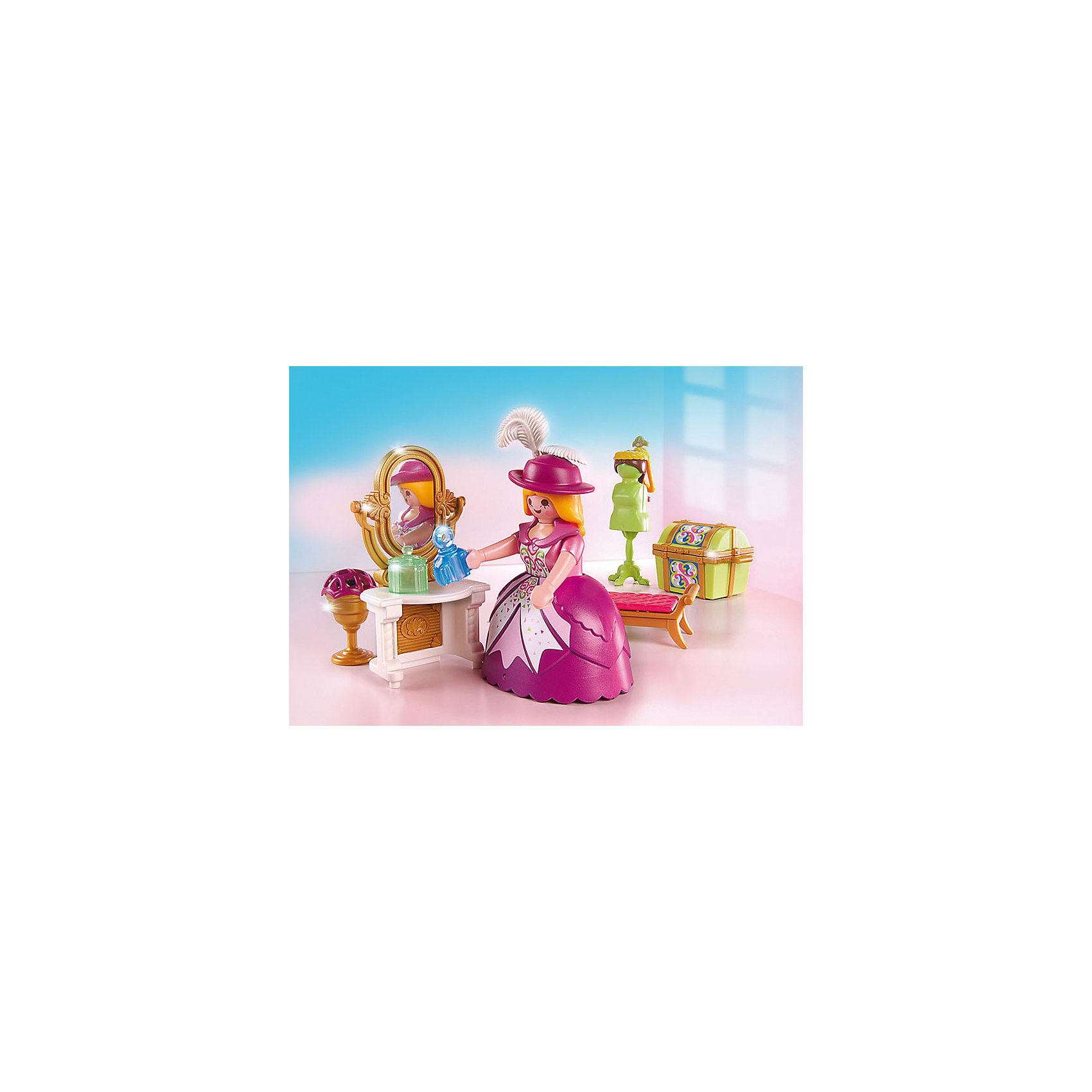 Сказочный дворец: Королевская гардеробная комната, PLAYMOBIL Сказочный дворец: Королевская гардеробная комната, PLAYMOBILПластмассовые конструкторы<br>Сказочный дворец: Королевская гардеробная комната, PLAYMOBIL (Плеймобиль).<br><br>Характеристики:<br><br>• Размер упаковки: 20х15х7,5 см.<br>• Цвет: розовый,золотой.<br>• Материал: пластик.<br>В набор входит:<br>- фигурка принцессы<br>- трюмо с зеркалом<br>- небольшой сундучок для драгоценностей и духов<br>- большой сундук для туалетов и шляп принцессы<br>- табурет перед зеркалом<br>- манекен для одежды<br>- напольный подсвечник со свечами.<br><br>Королевская гардеробная комната Playmobil – замечательный игровой набор для маленьких девочек. Принцесса готовится к балу, встрече с принцем и ей нужно привести себя в порядок! Шикарное трюмо, духи и драгоценности помогут ей в этом. Гардеробную комнату необходимо собрать из деталей, таким образом, развивается мелкая моторика.<br>Подарите своей маленькой принцессе такой набор!<br><br>Сказочный дворец: Королевская гардеробная комната, PLAYMOBIL (Плеймобиль), можно купить в нашем интернет- магазине.<br><br>Ширина мм: 200<br>Глубина мм: 75<br>Высота мм: 150<br>Вес г: 1700<br>Возраст от месяцев: 48<br>Возраст до месяцев: 2147483647<br>Пол: Женский<br>Возраст: Детский<br>SKU: 5207146